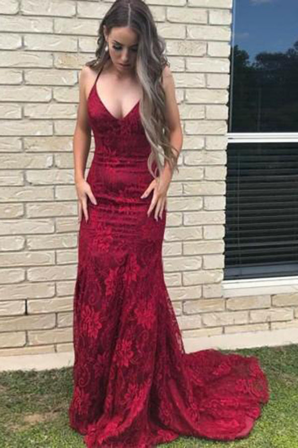 Charming Burgundy Mermaid Spaghetti Straps Lace Sweep Train Prom Dress Charming Burgundy Mermaid Spaghetti Straps Lace Sweep Train Prom Dress