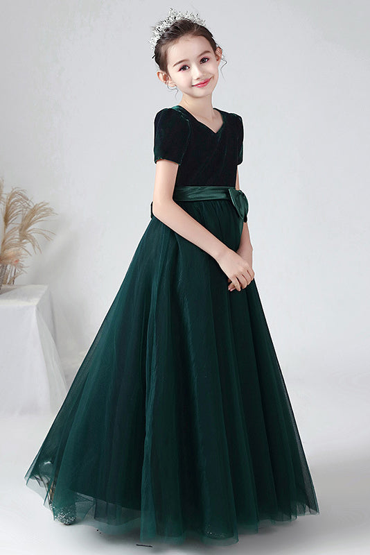 A Line Short Sleeves Tulle Flower Girl Dresses With Bownot