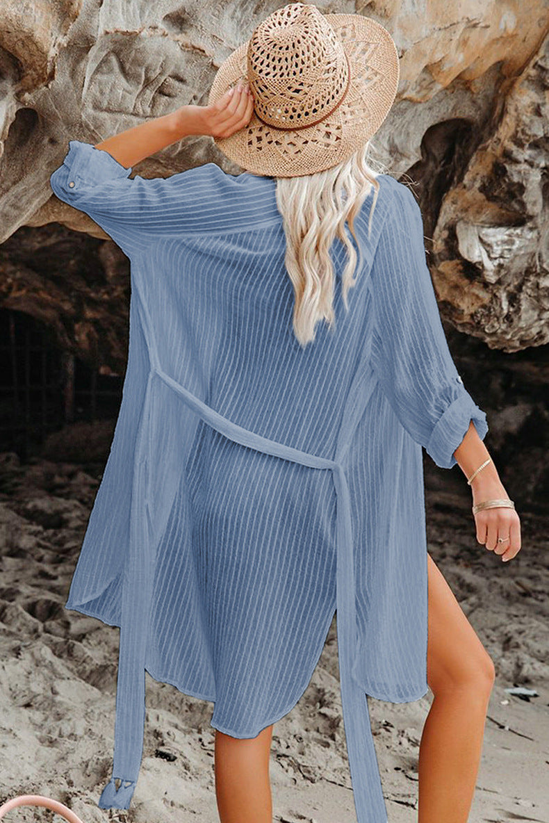 Savaviaswim - Black Solid Color Tie Sun-proof Belt Sexy V Neck Cover Up
