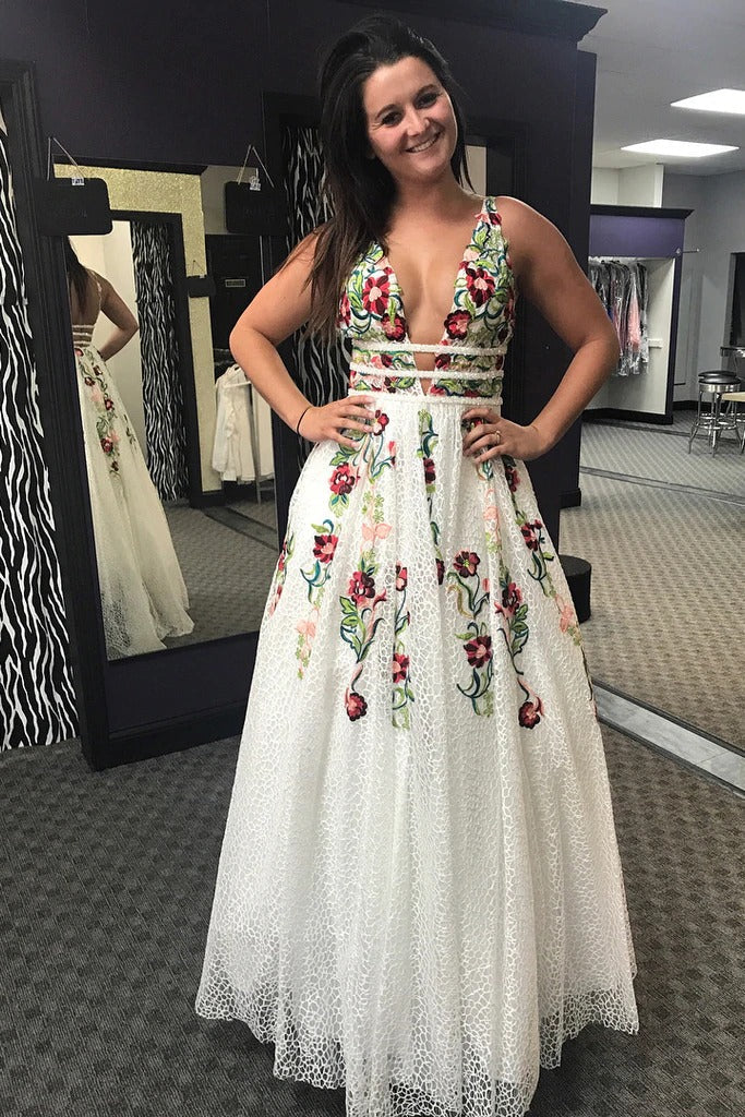 Charming Floral Embroidery Long Prom Dresses V Neck A Line Party Dress