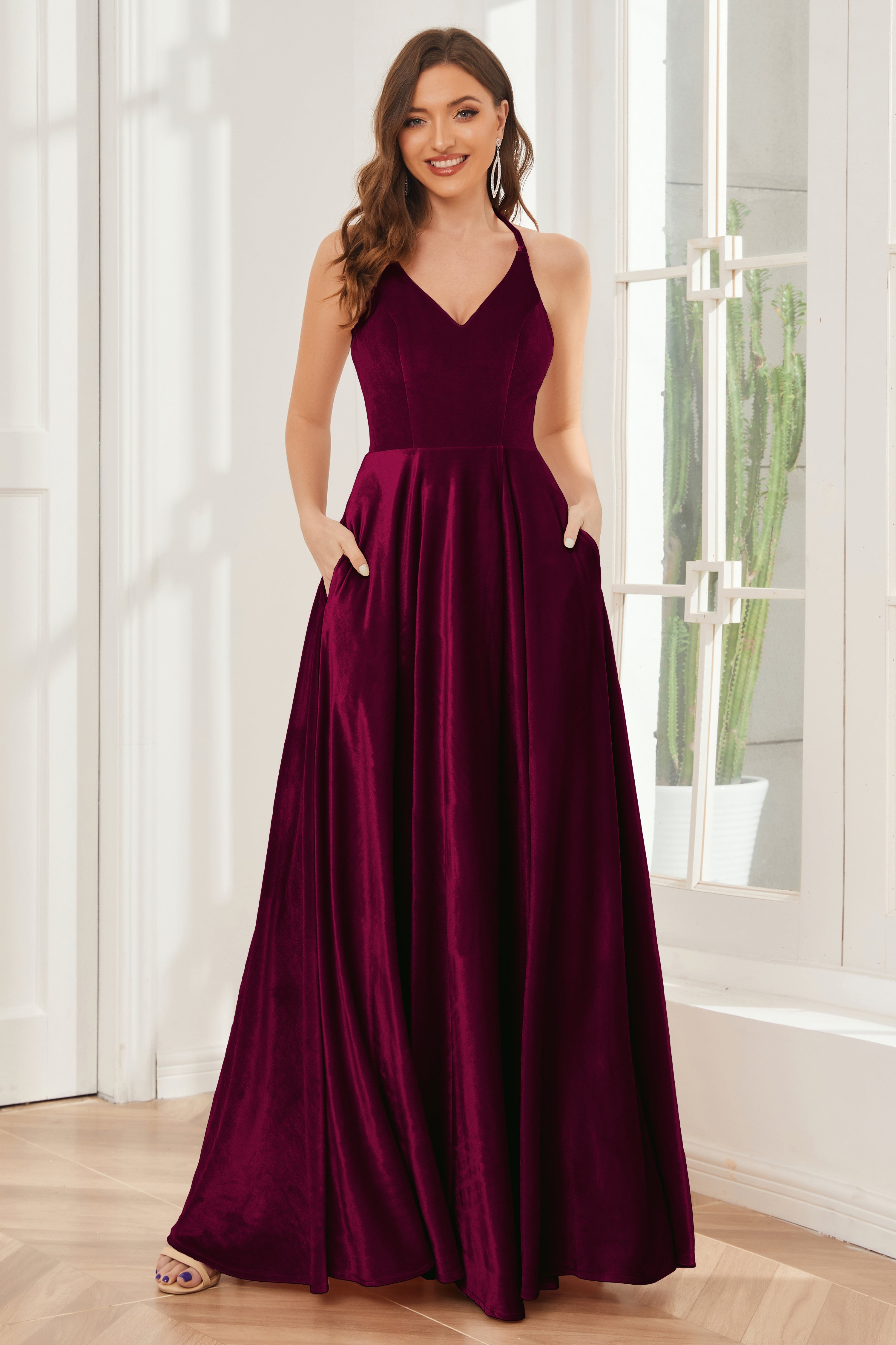burgundy velvet bridesmaid dresses A-line Straps Velvet Bridesmaid Dresses with Slit