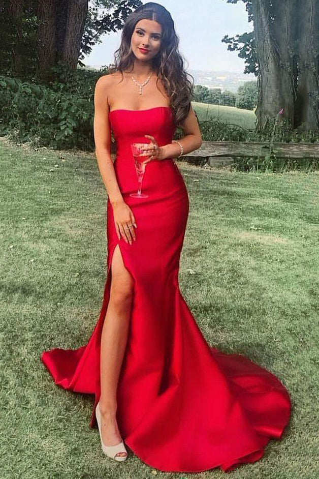Red Satin Tight Dresses For Prom Red Satin Strapless Prom Dress