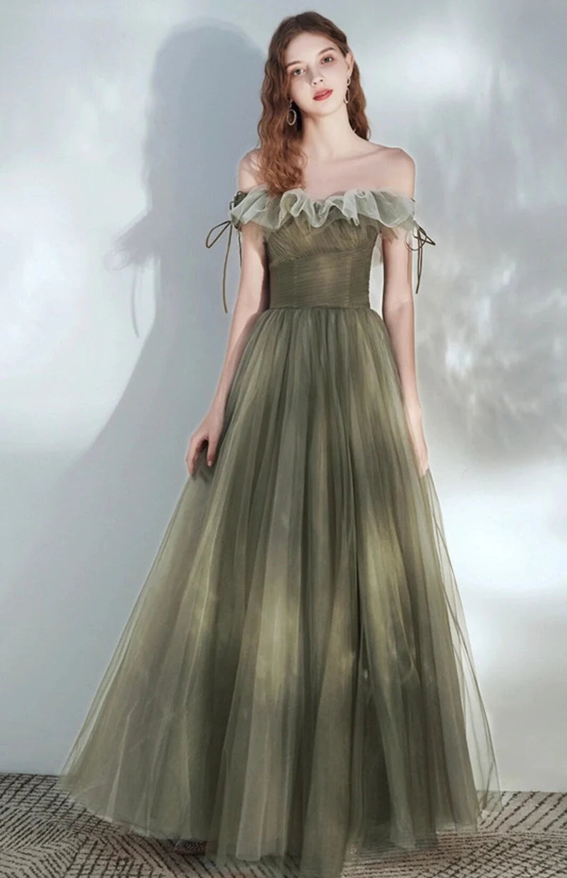 Off the Shoulder A Line Tulle Floor Length Green Elegant Fairy Dresses Off the Shoulder A Line Tulle Floor Length Green Elegant Fairy Dresses