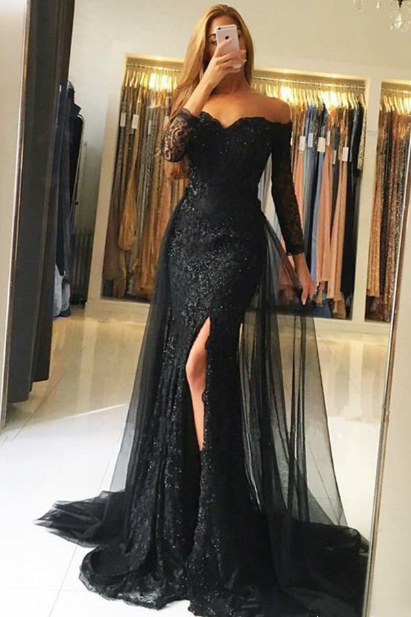 Black Tulle Mermaid Off-the-Shoulder Long Sleeves Prom Dresses with La Black Tulle Mermaid Off-the-Shoulder Long Sleeves Prom Dresses with La