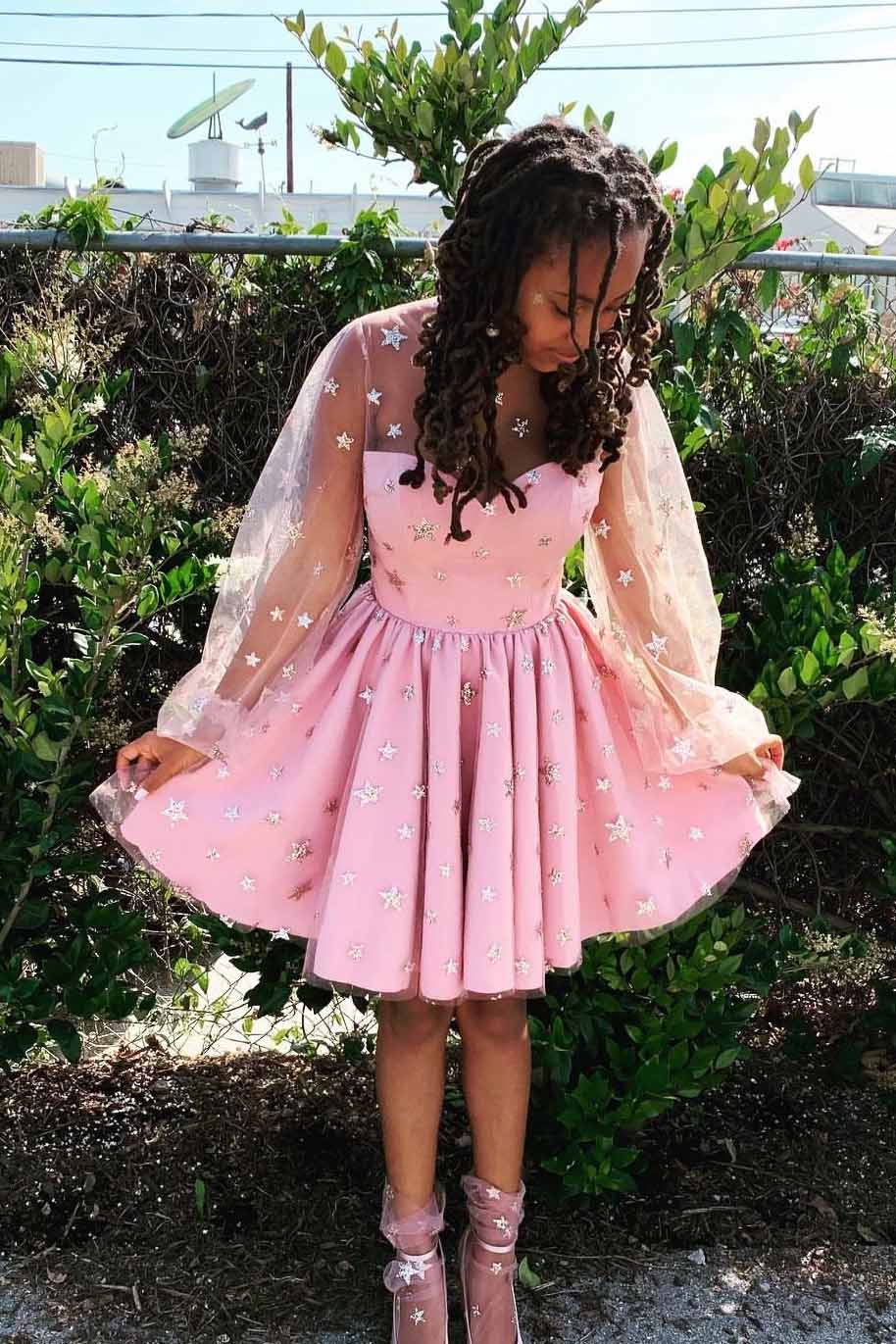 Glitter Star Long Sleeves Homecoming Dresses Starry Night Pink Sweet 15 Dresses