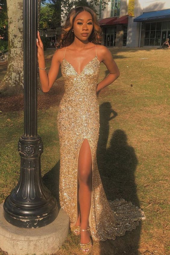 Spaghetti Straps Gold Mermaid Sequin Sheath Long Prom Dresses With Sid Spaghetti Straps Gold Mermaid Sequin Sheath Long Prom Dresses With Sid
