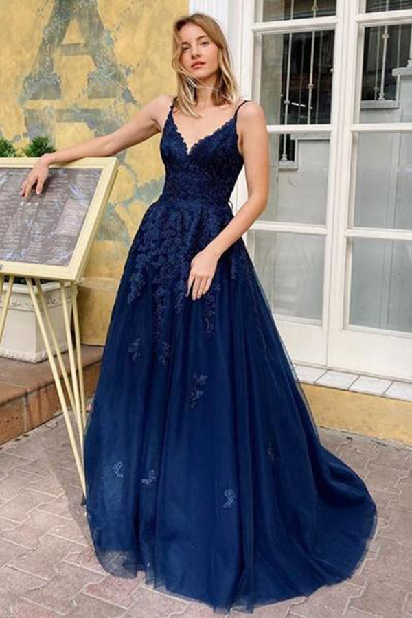 Navy Blue Lace V-Neck Spaghetti Straps A-Line Tulle Appliques Long Eve Navy Blue Lace V-Neck Spaghetti Straps A-Line Tulle Appliques Long Eve