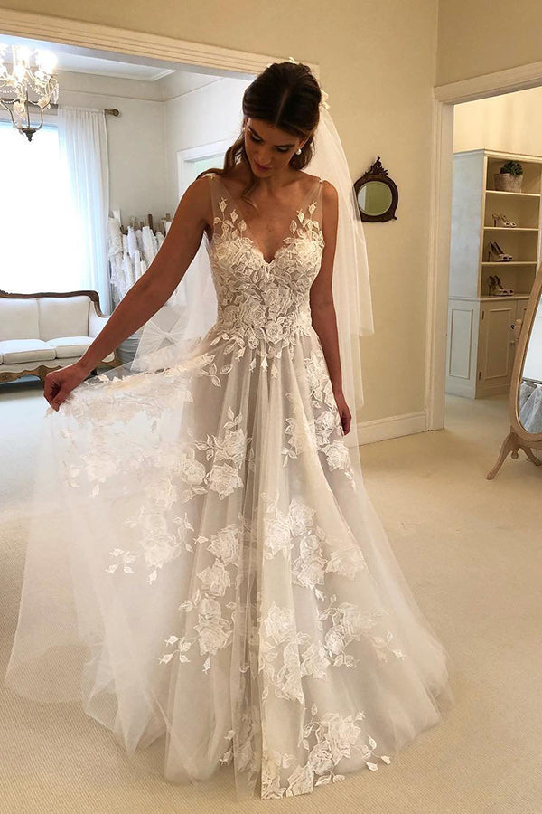 Elegant Lace V Neck Backless With Applique Wedding Dresses Elegant Lace V Neck Backless With Applique Wedding Dresses