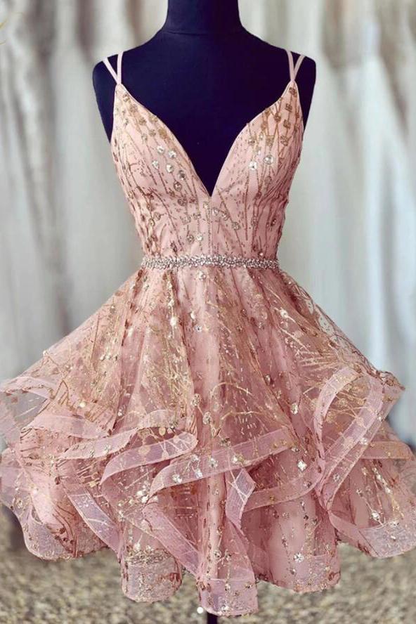 Pink A Line Unique Sparkly V Neck Mini Homecoming Dresses Puffy Short Pink A Line Unique Sparkly V Neck Mini Homecoming Dresses Puffy Short