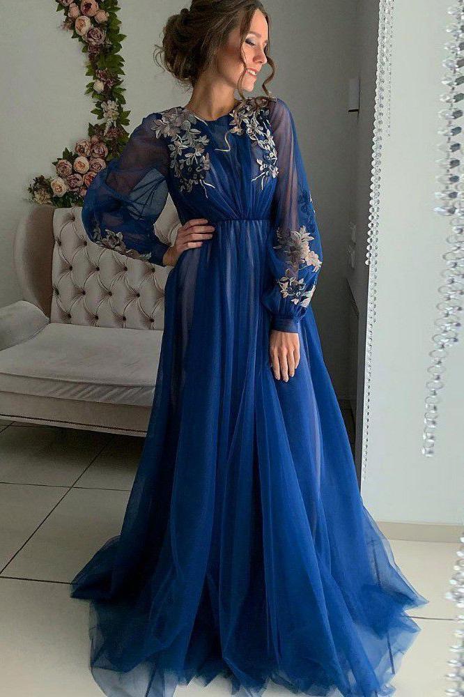 Long Evening Dresses Charming A Line Long Sleeve Tulle Appliques Prom