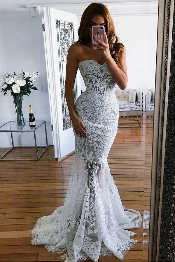 Elegant Sweetheart Lace Mermaid Sleeveless Beach Wedding Dresses Elegant Sweetheart Lace Mermaid Sleeveless Beach Wedding Dresses