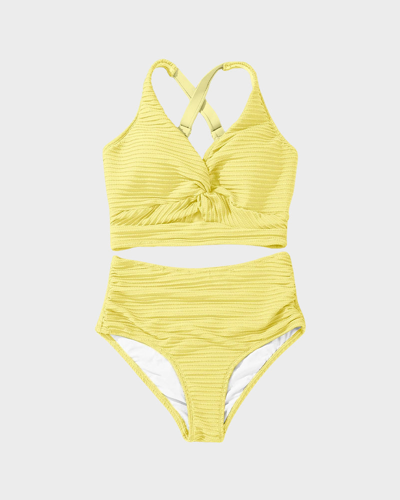 Savaviaswim - Textured Knot-Front High-Waisted Bikini Set