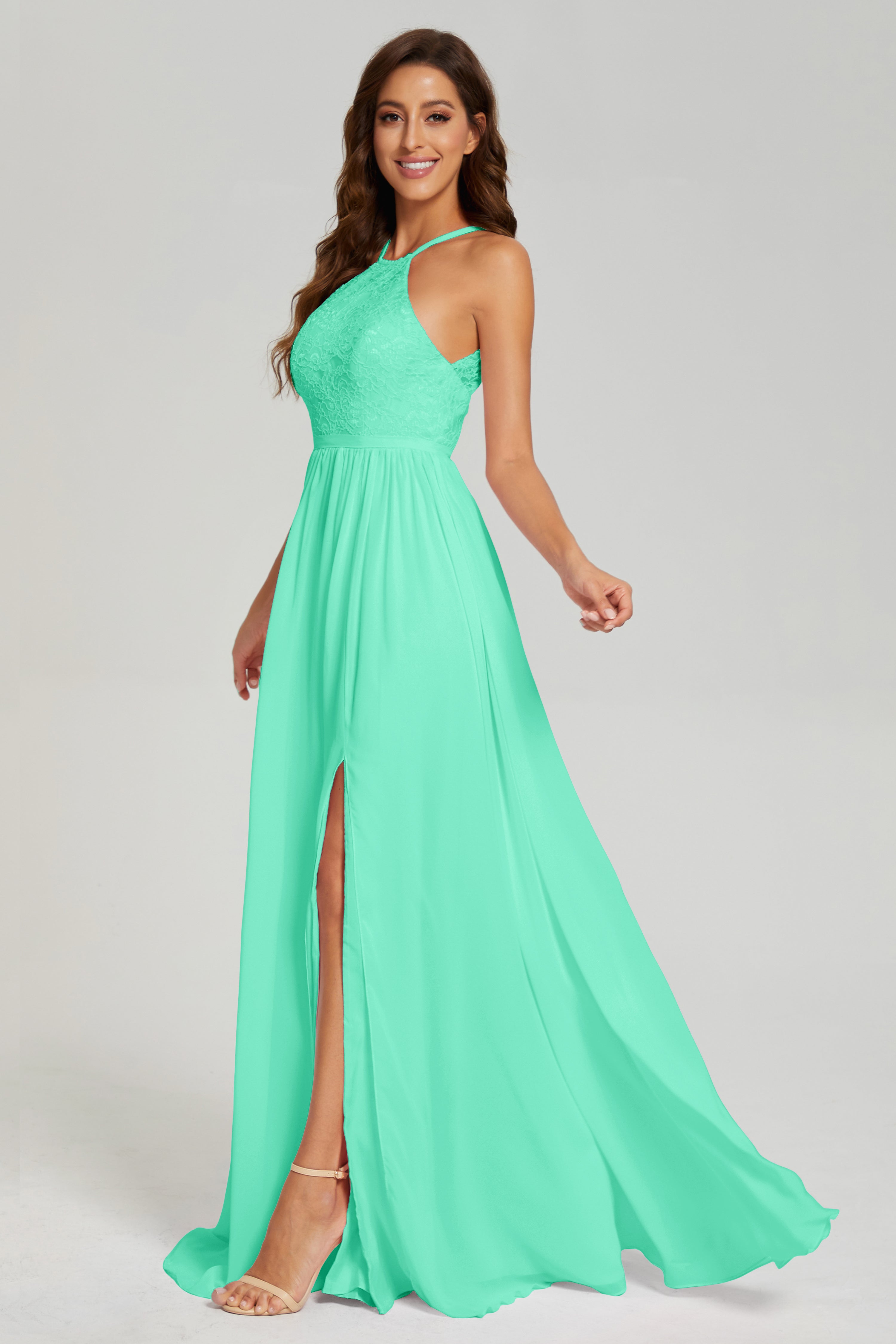A-line Split Halter Prom Dresses