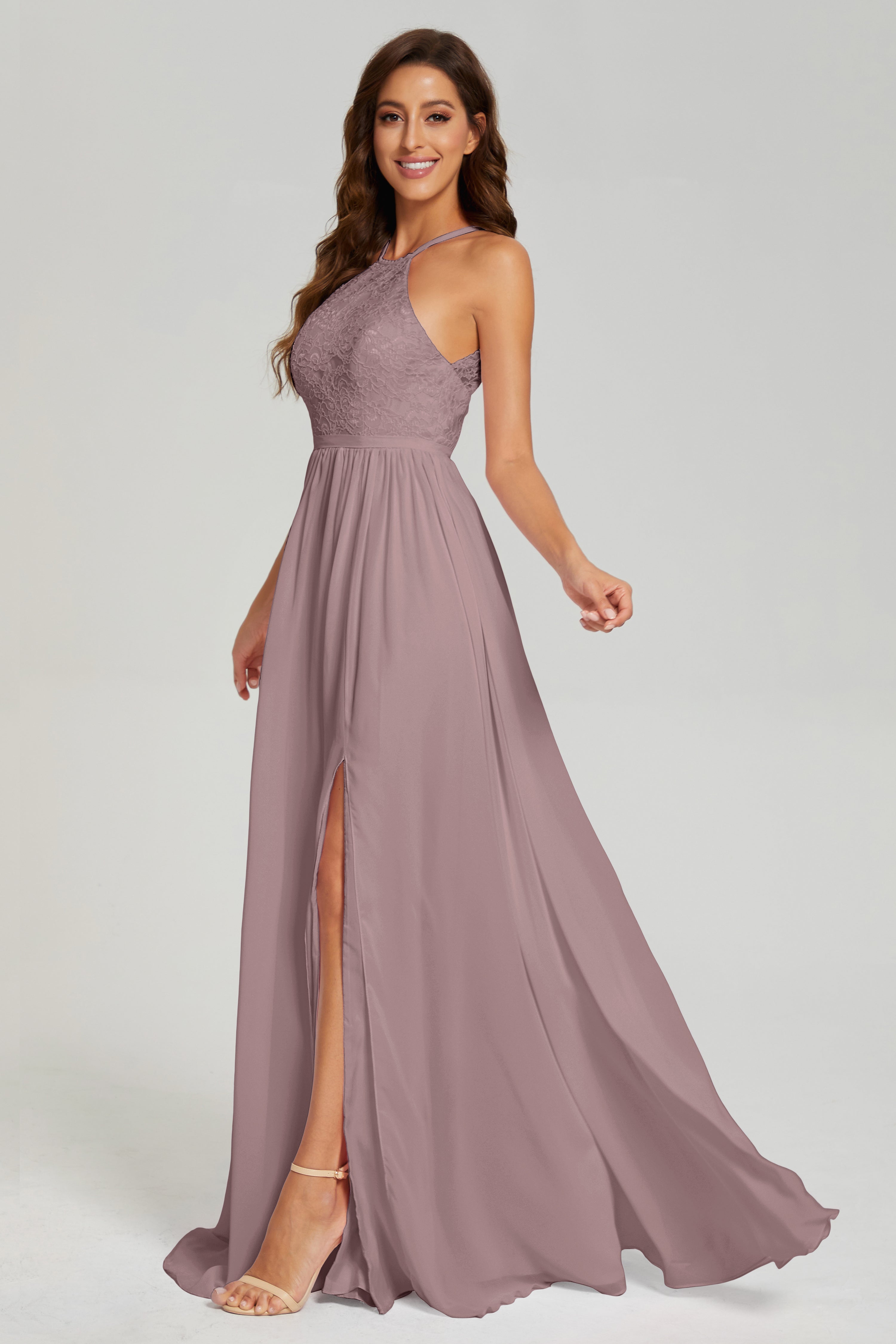 A-line Split Halter Prom Dresses