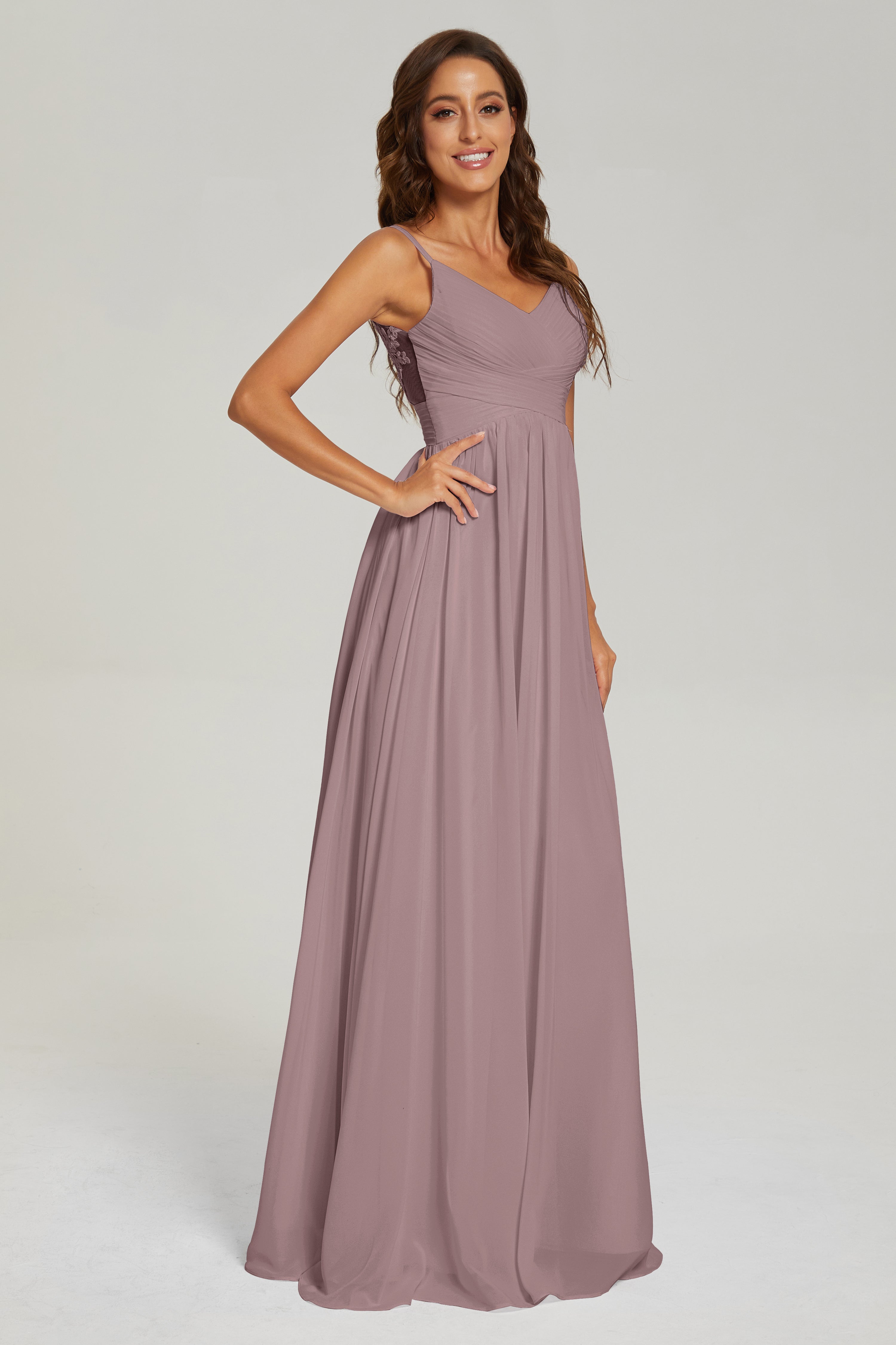 A-line V Neck Pleating Long Chiffon Prom Dresses