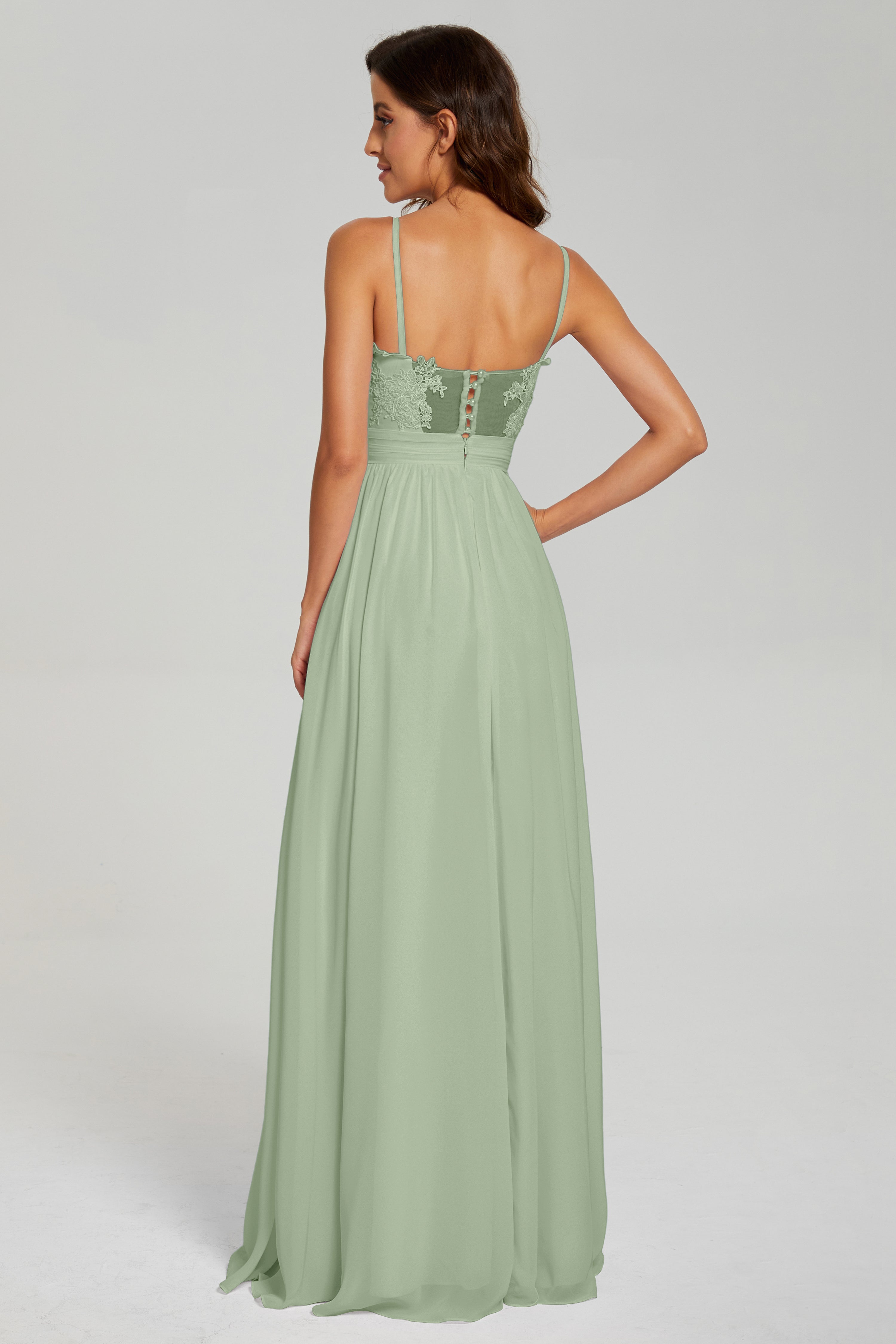 Appliques Spaghetti Straps Lace Prom Dresses