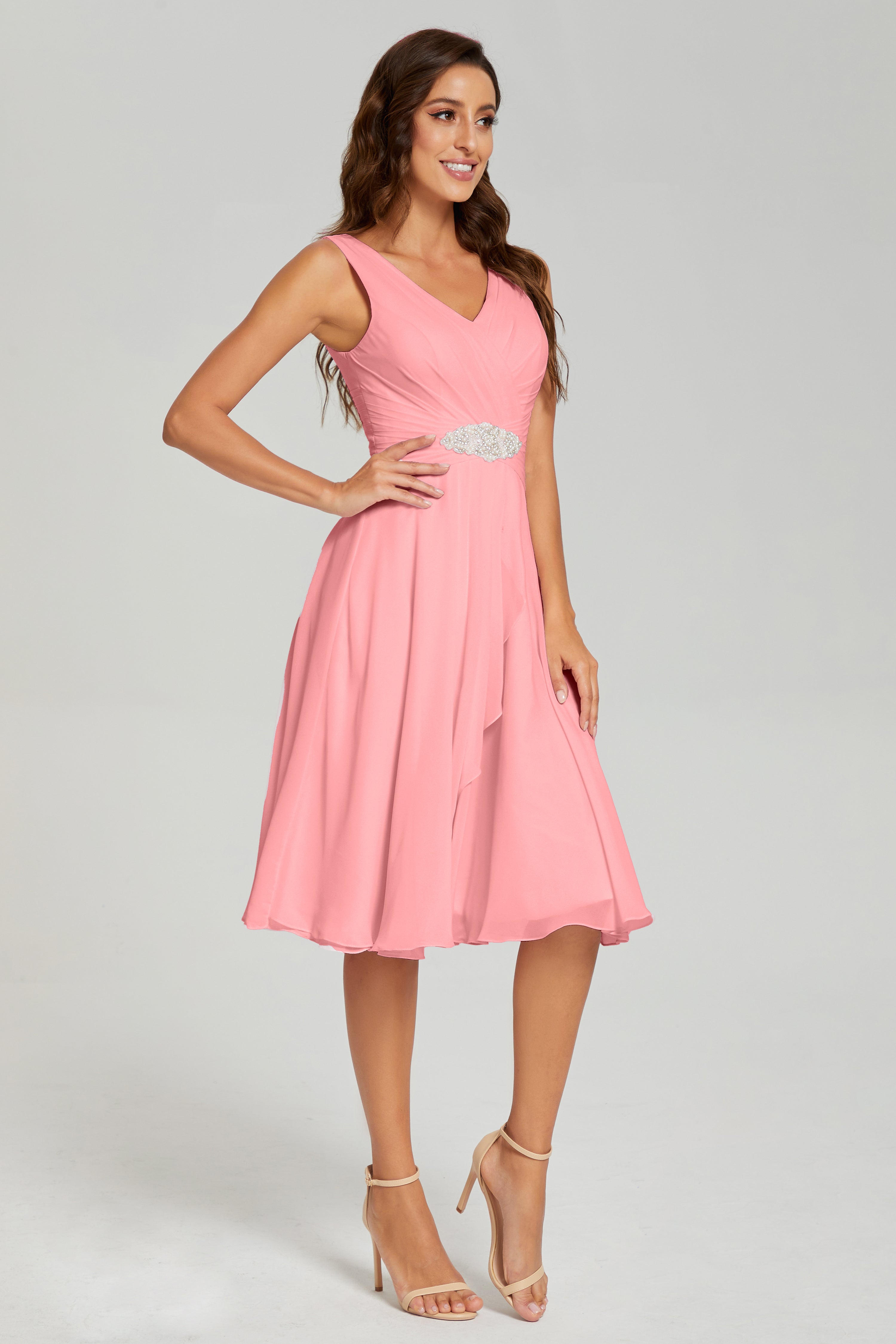 Asymmetrical Knee Length V-neck Chiffon Prom Dresses