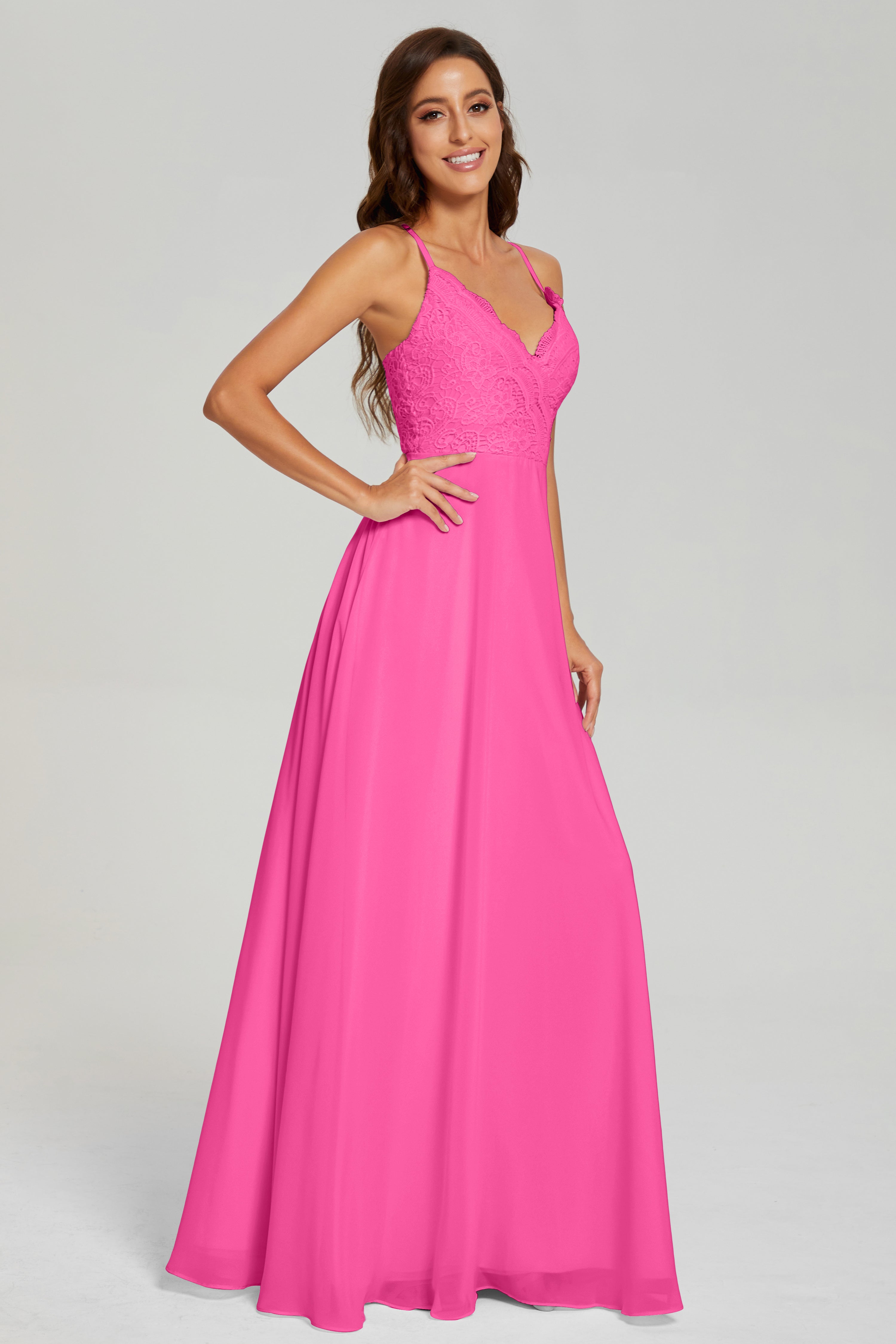 Backless Spaghetti Straps Lace Prom Dresses