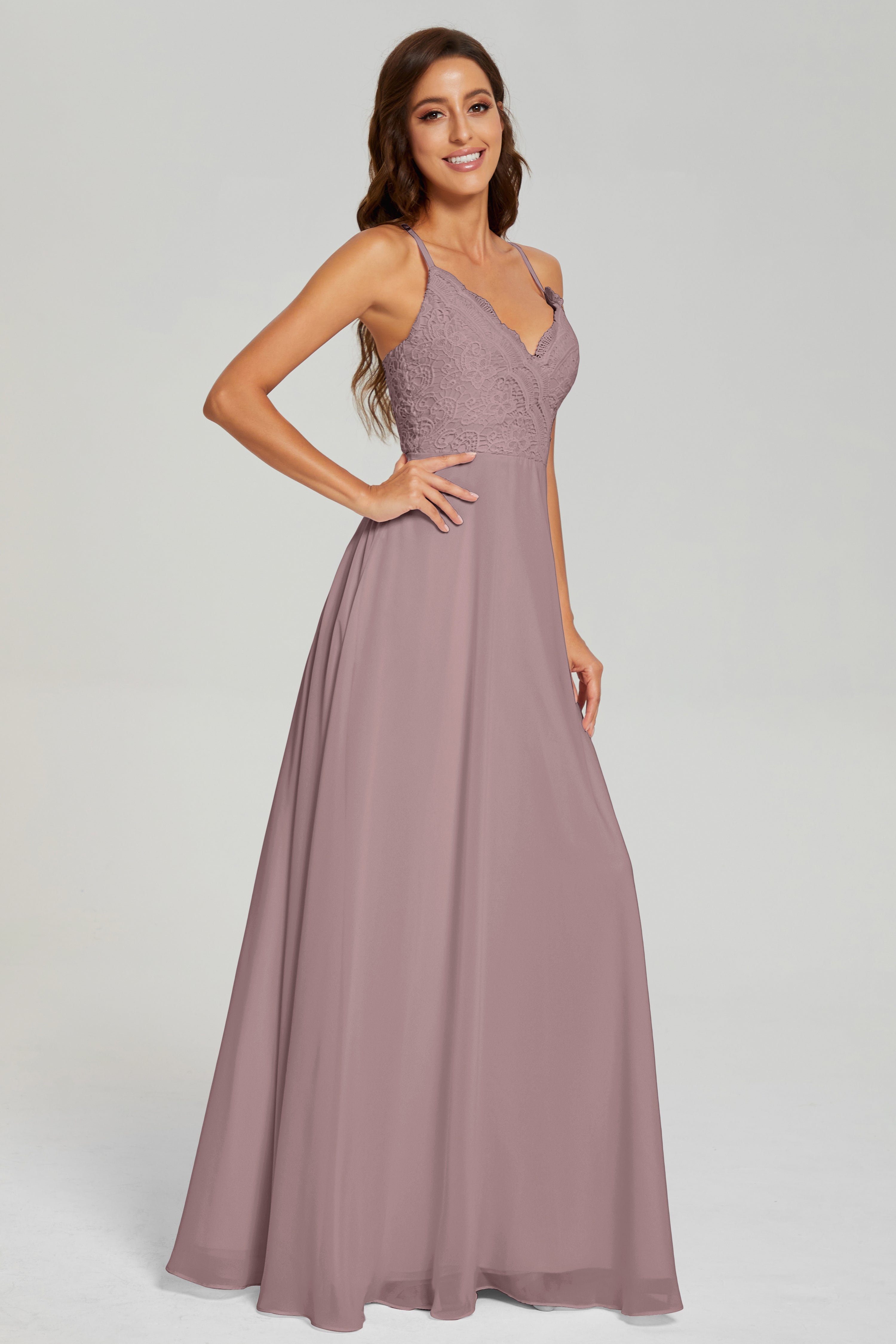 Backless Spaghetti Straps Lace Prom Dresses