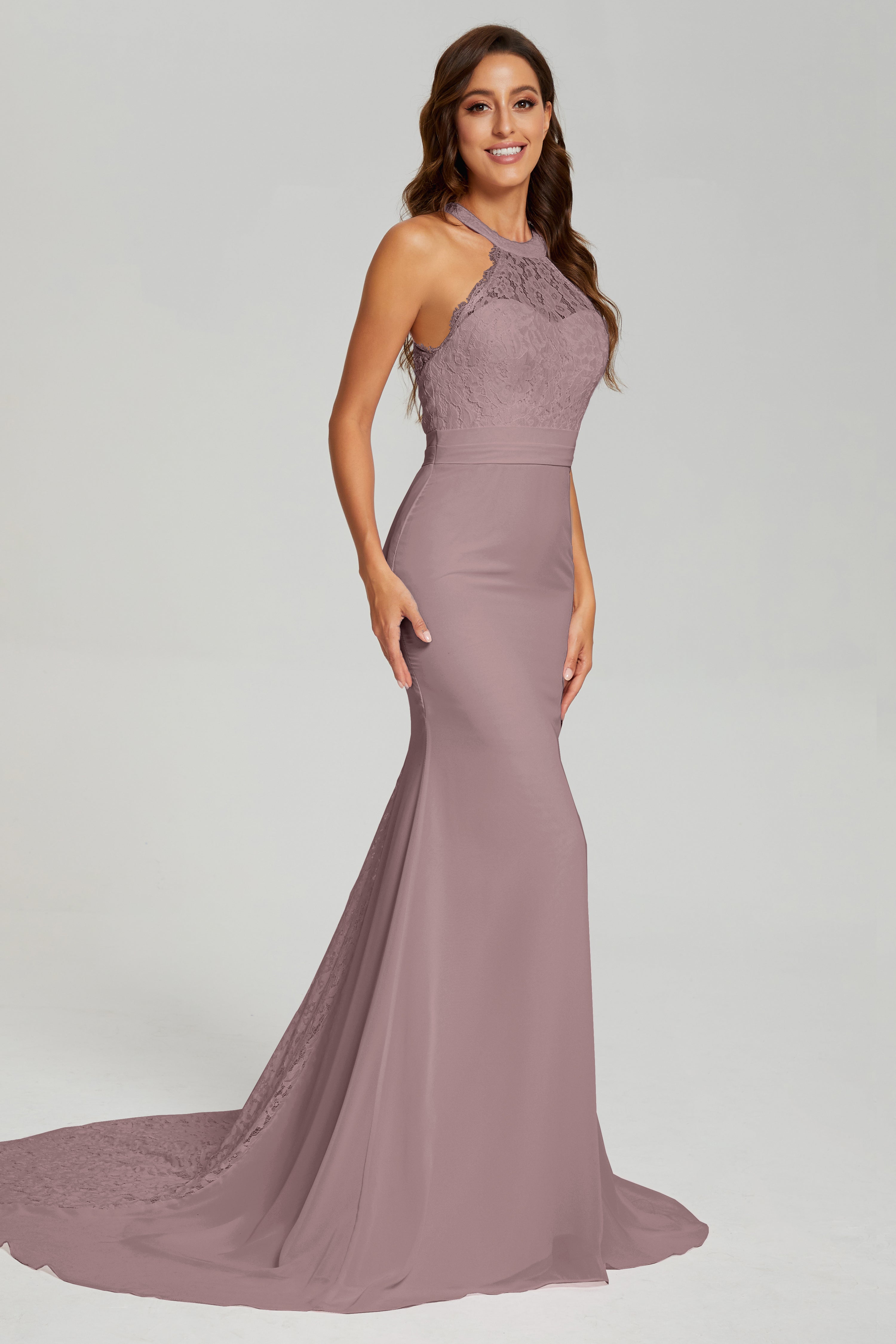 Halter Mermaid Lace Prom Dresses with Trailing