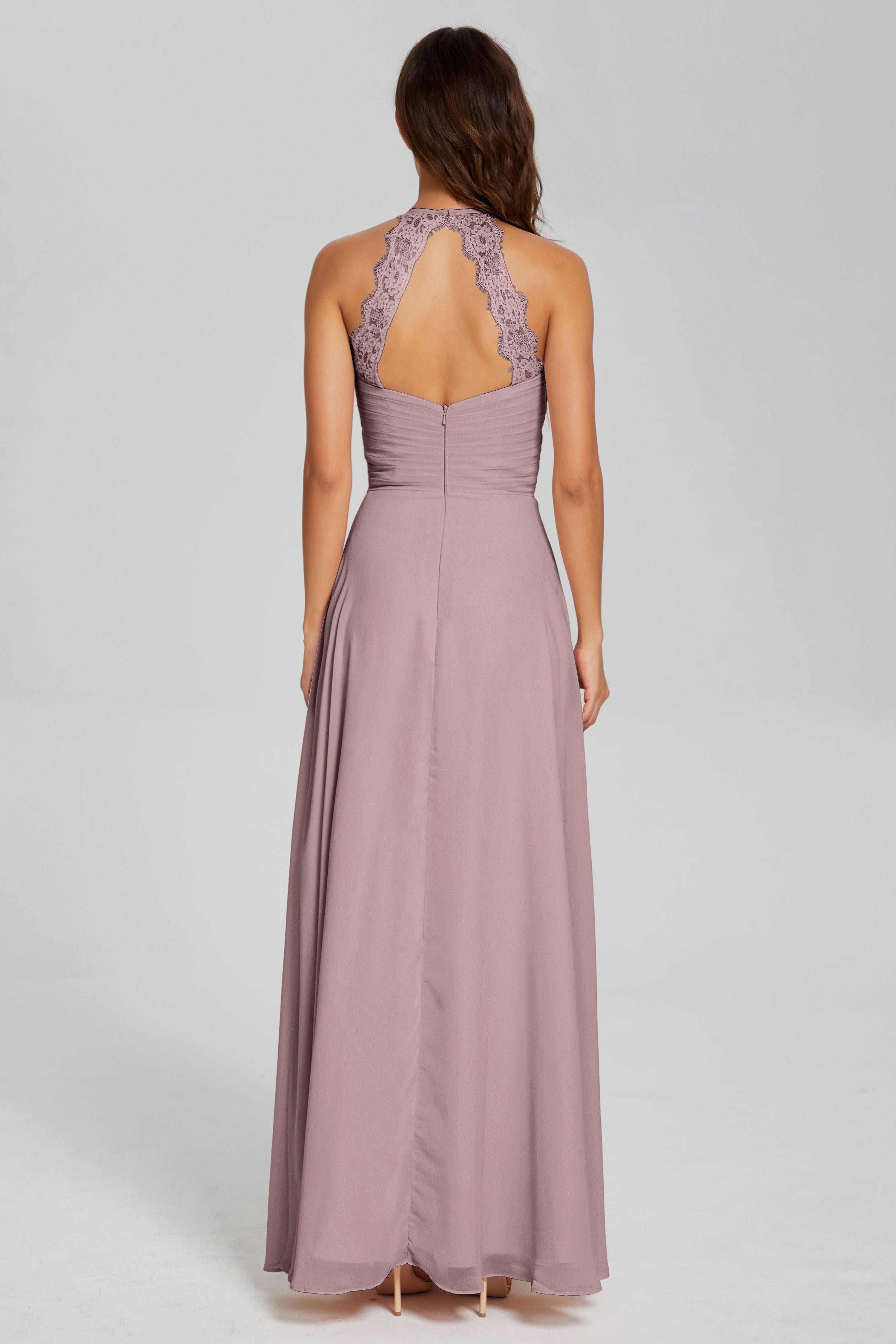 Pleating Halter Lace Chiffon Prom Dresses