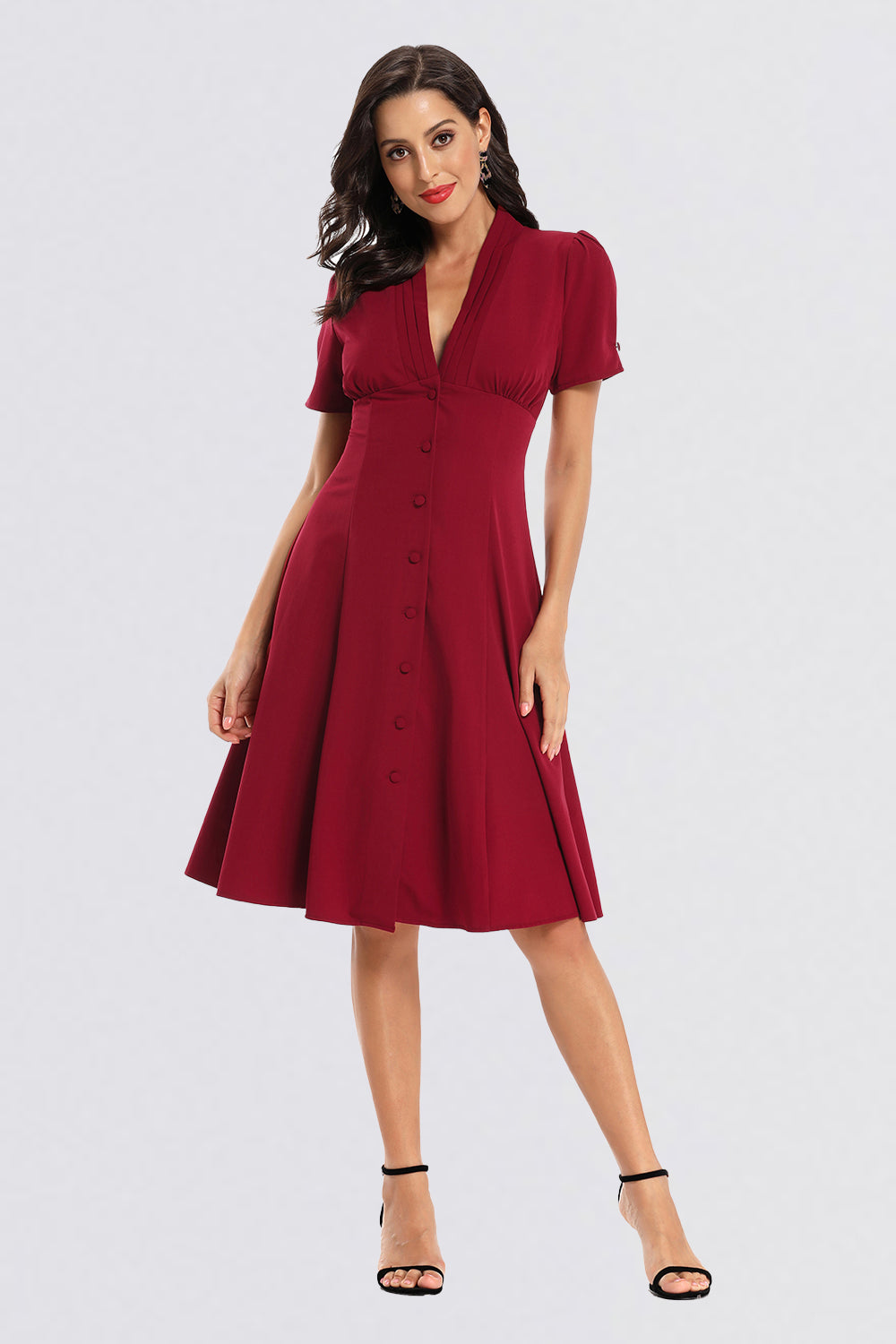 A-line Button Short Sleeve Vintage Dresses