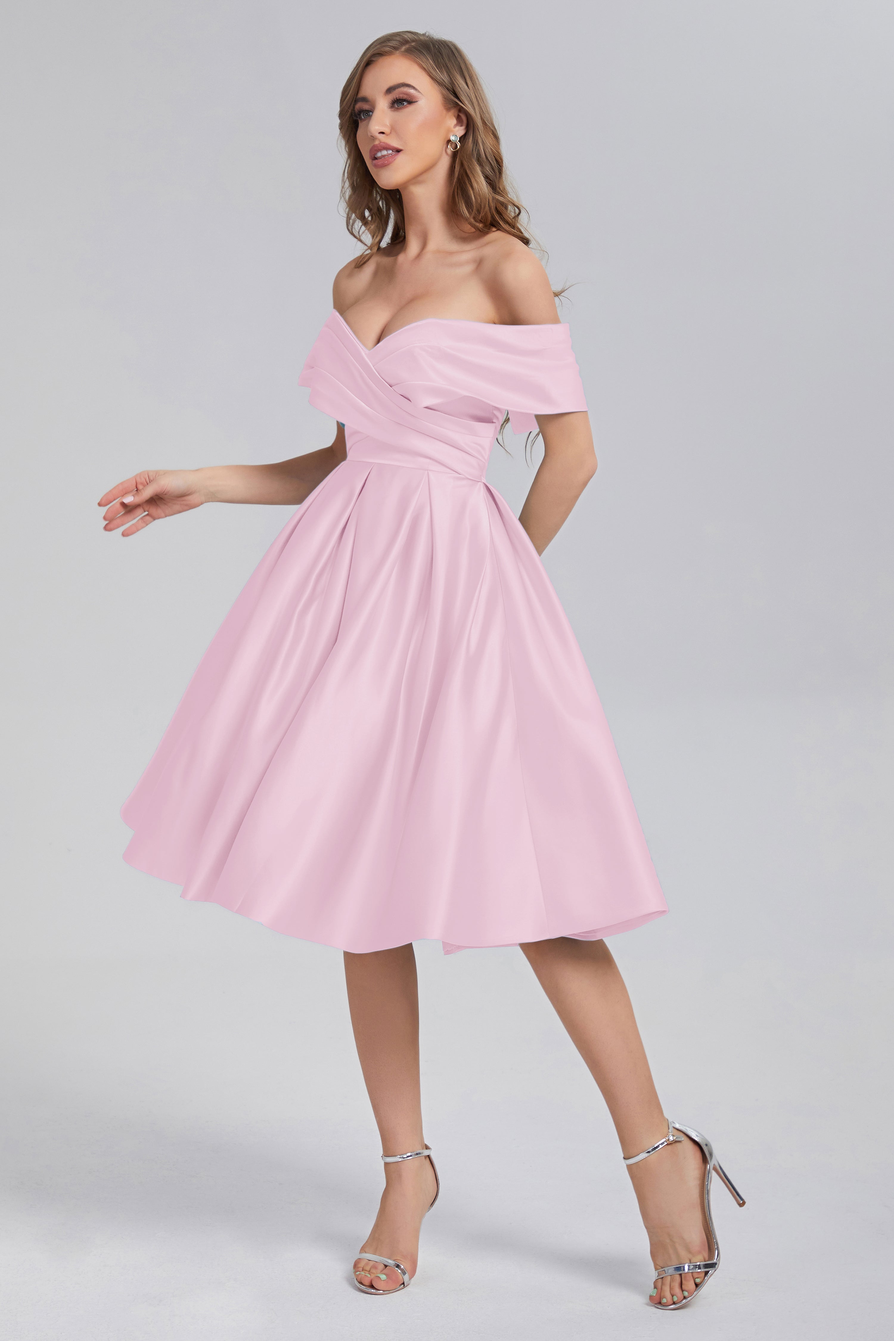 A-line Off the Shoulder Satin Short Prom Dresses