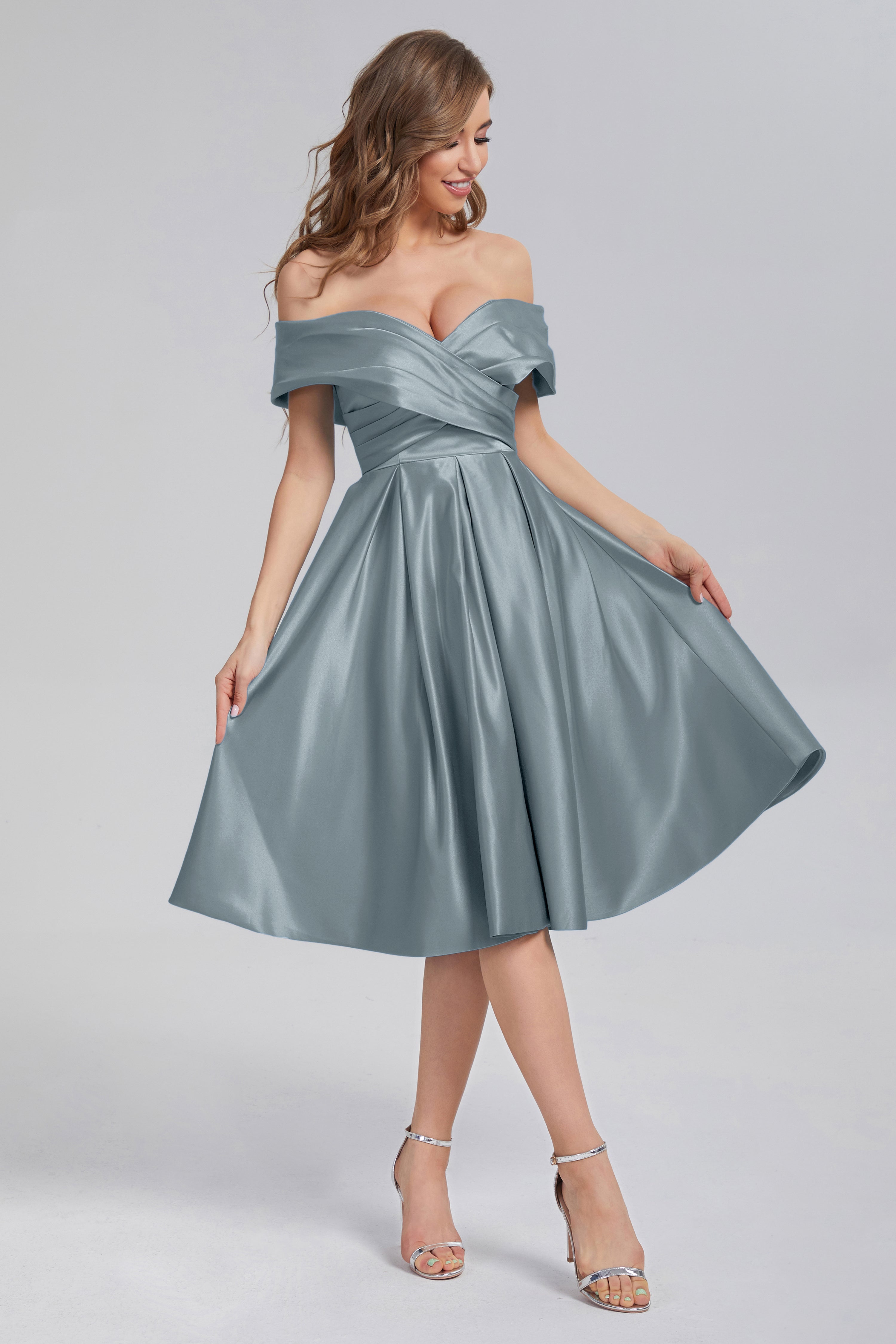 A-line Off the Shoulder Satin Short Prom Dresses