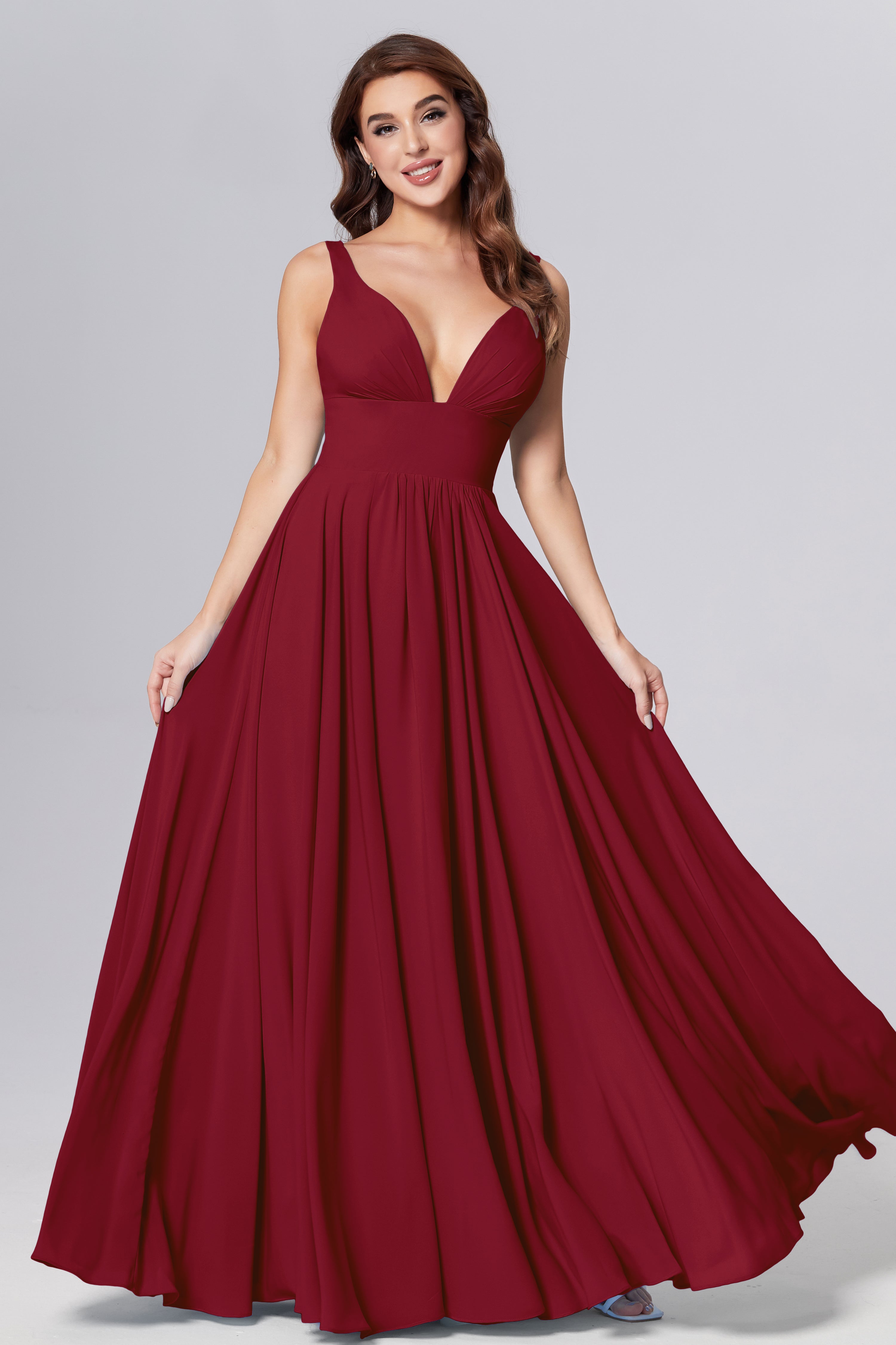 Pleating V-neck Chiffon Prom Dresses