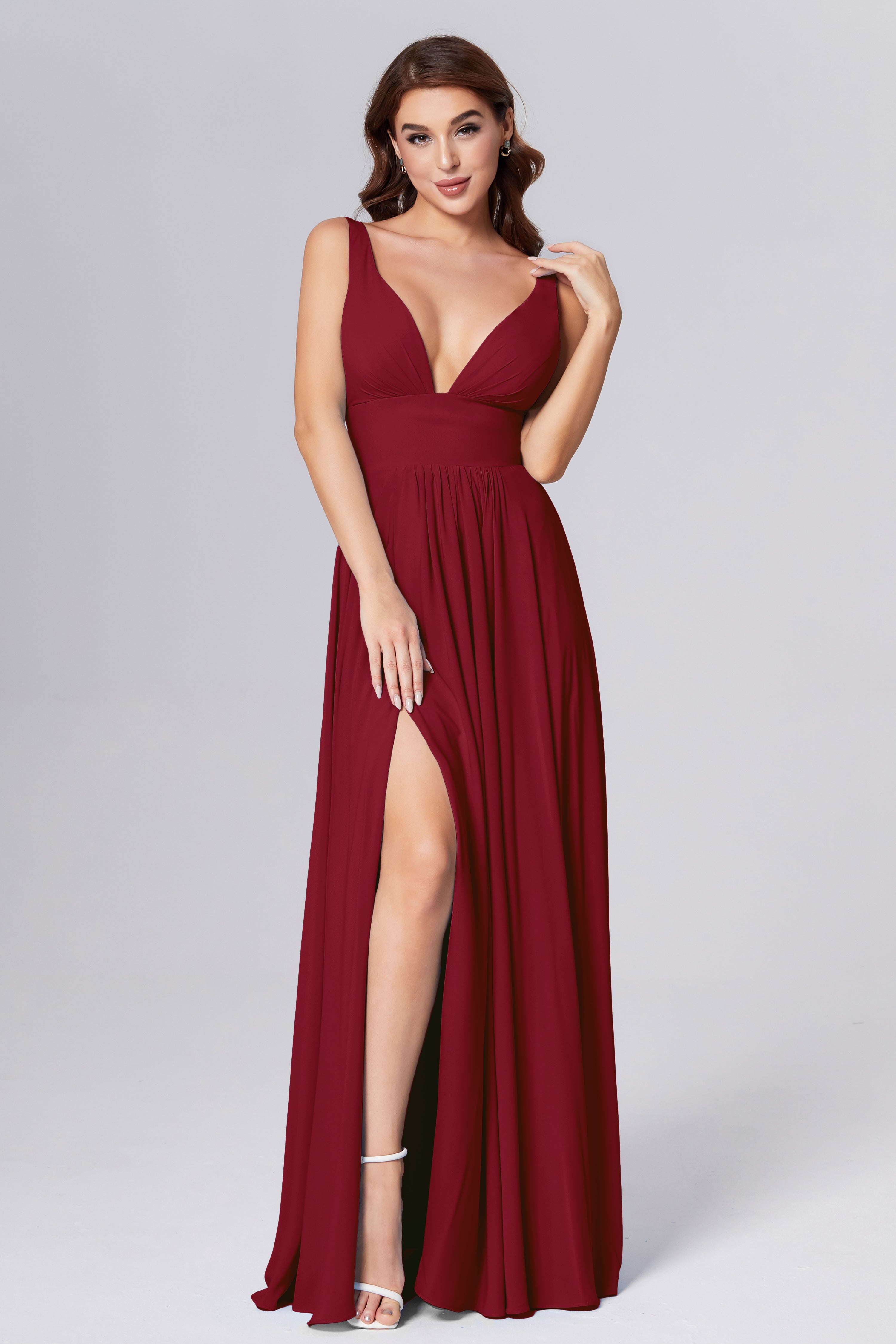 Pleating V-neck Chiffon Prom Dresses
