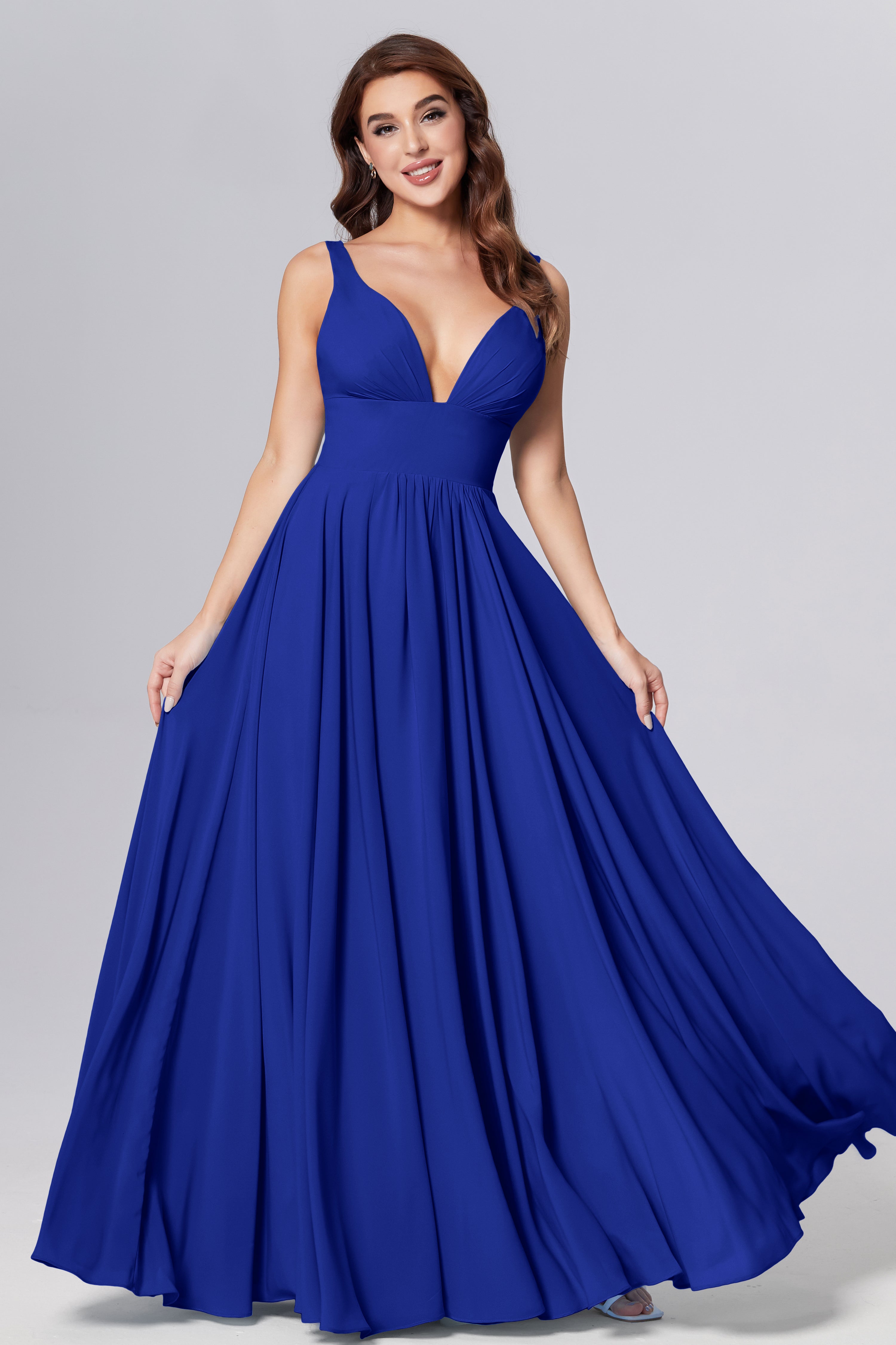 Pleating V-neck Chiffon Prom Dresses