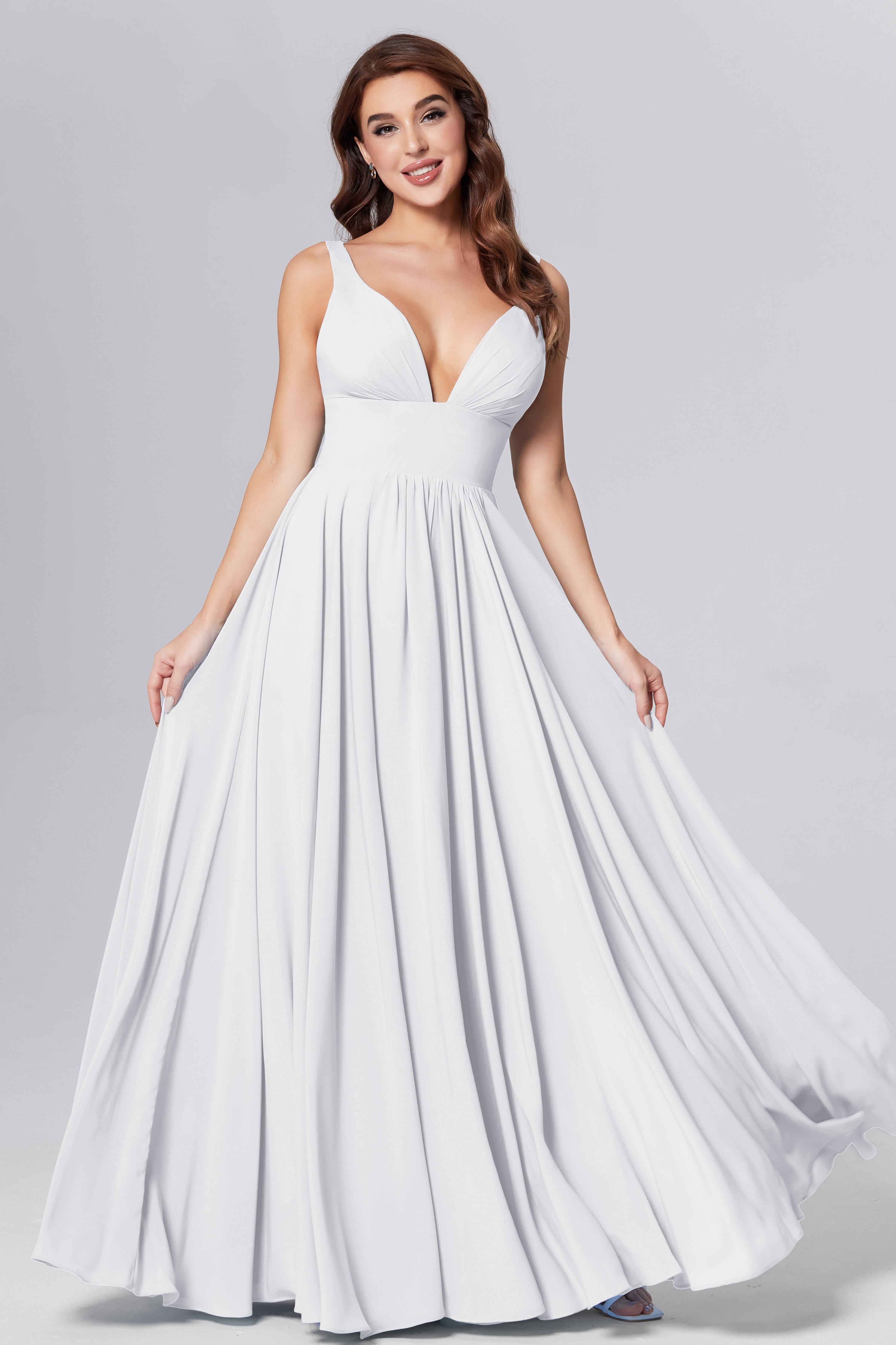 Pleating V-neck Chiffon Prom Dresses