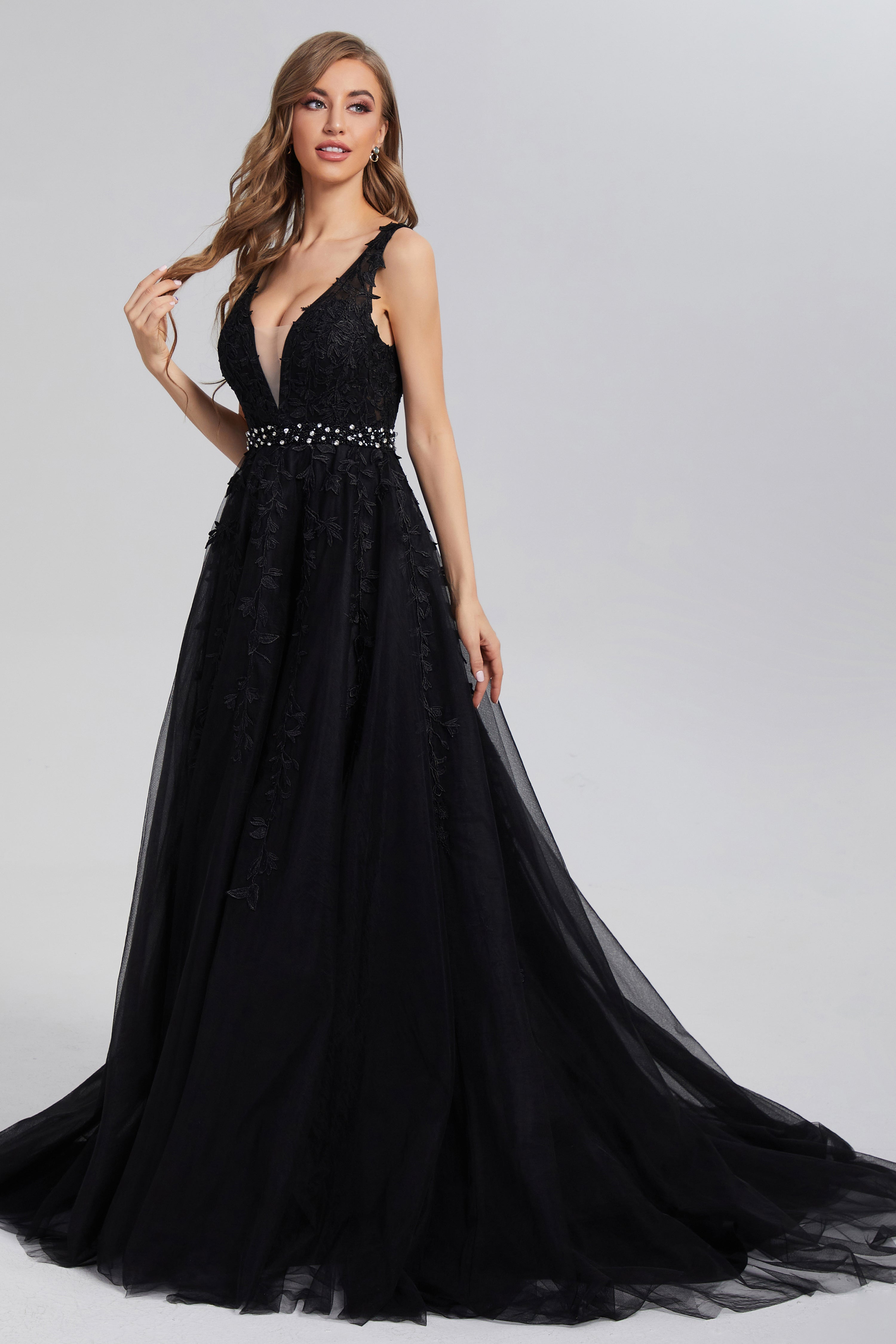 Backless Appliques Satin Prom Dresses