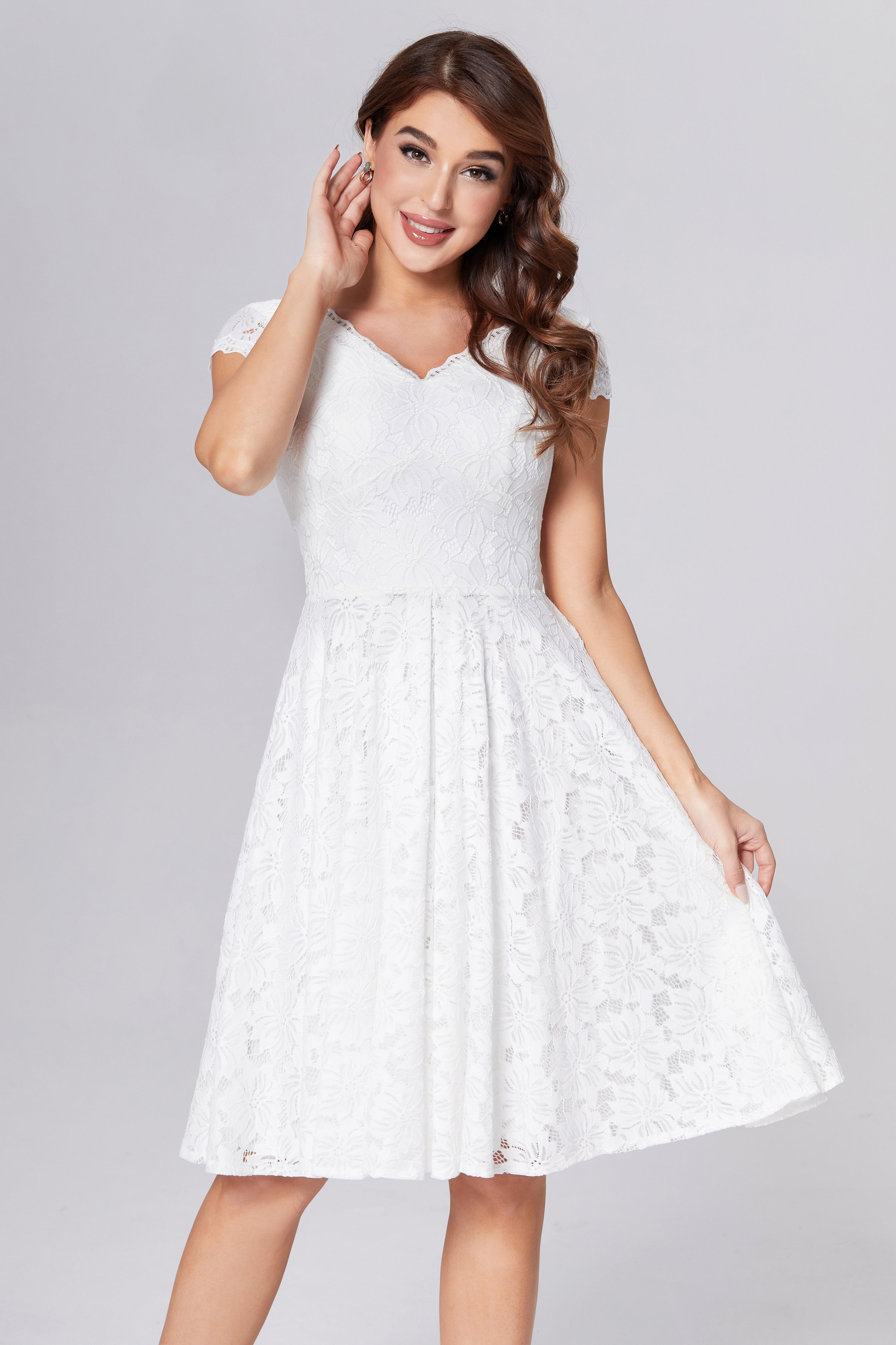 Cap Sleeve V-neck Lace Short Prom Dresses