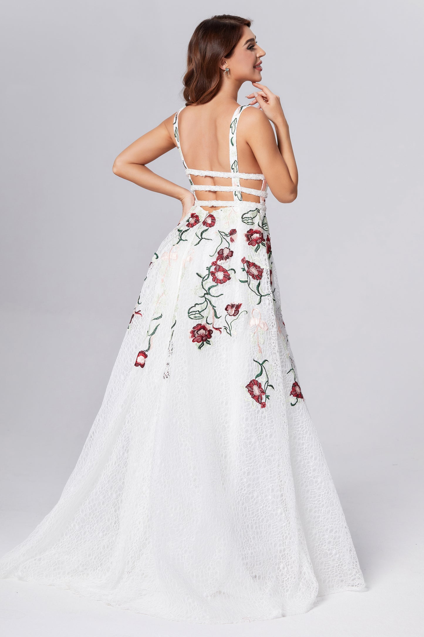 Floral Backless Lace Prom Dresses