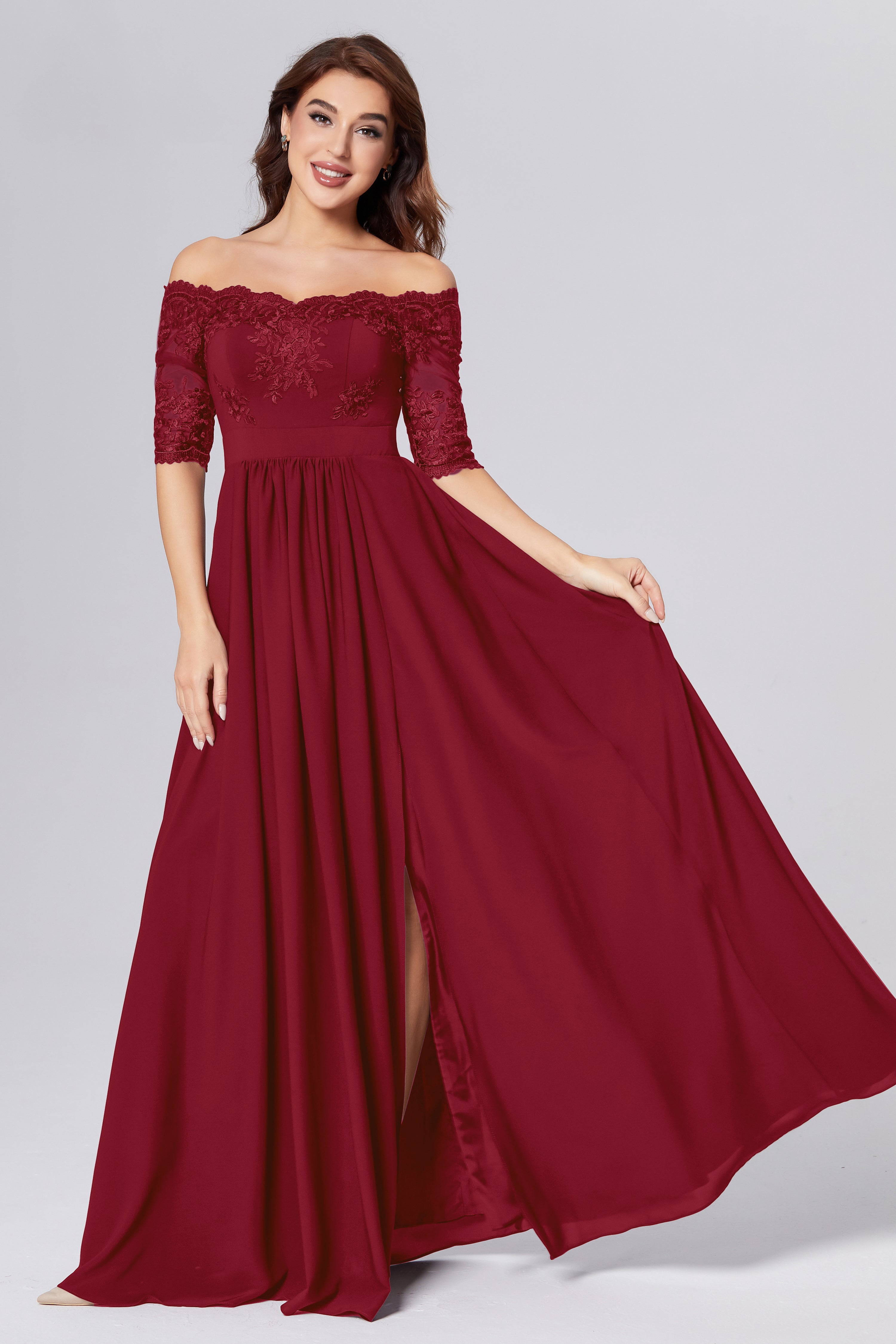 Half Sleeve Off the Shoulder Chiffon Prom Dresses