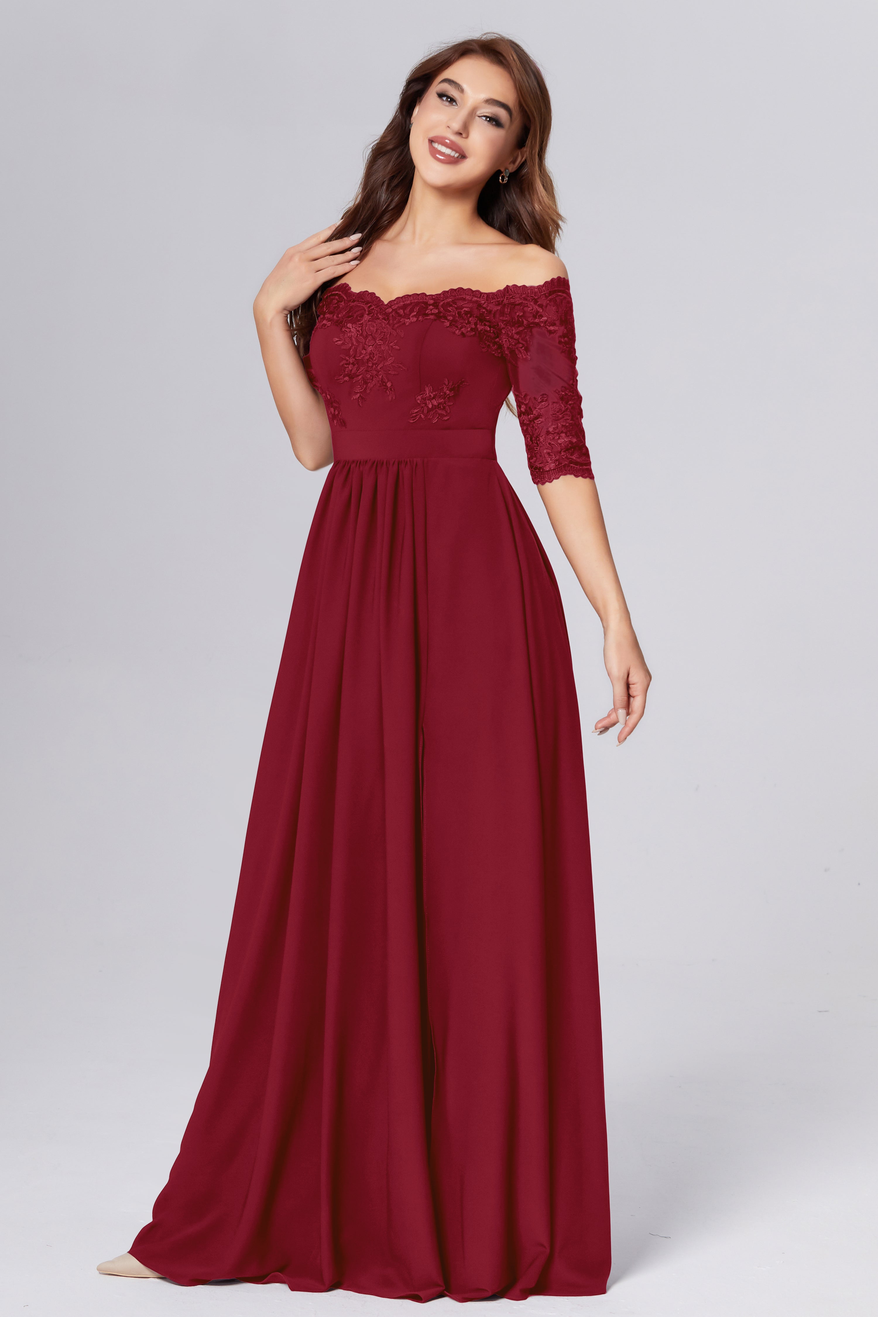 Half Sleeve Off the Shoulder Chiffon Prom Dresses