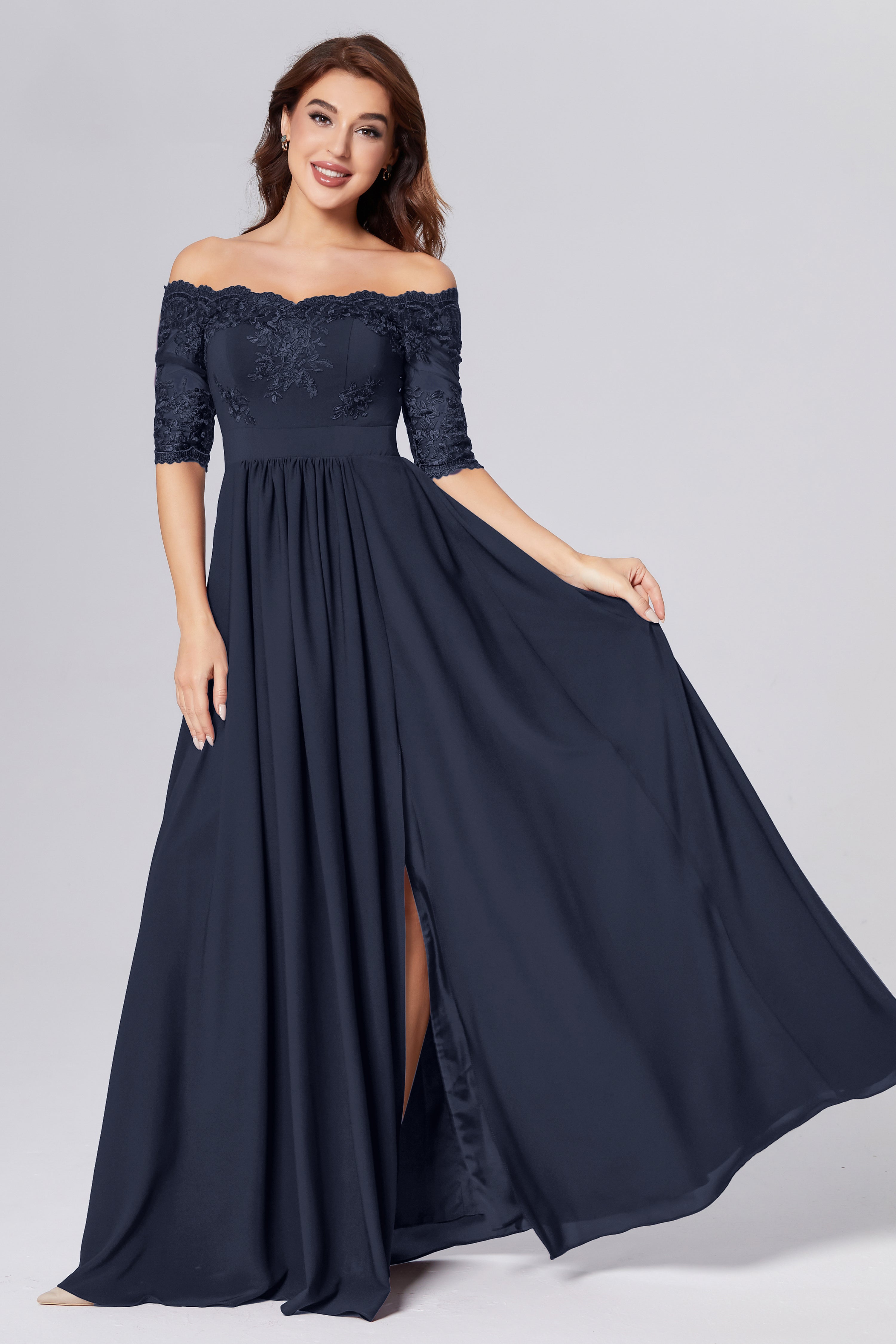 Half Sleeve Off the Shoulder Chiffon Prom Dresses