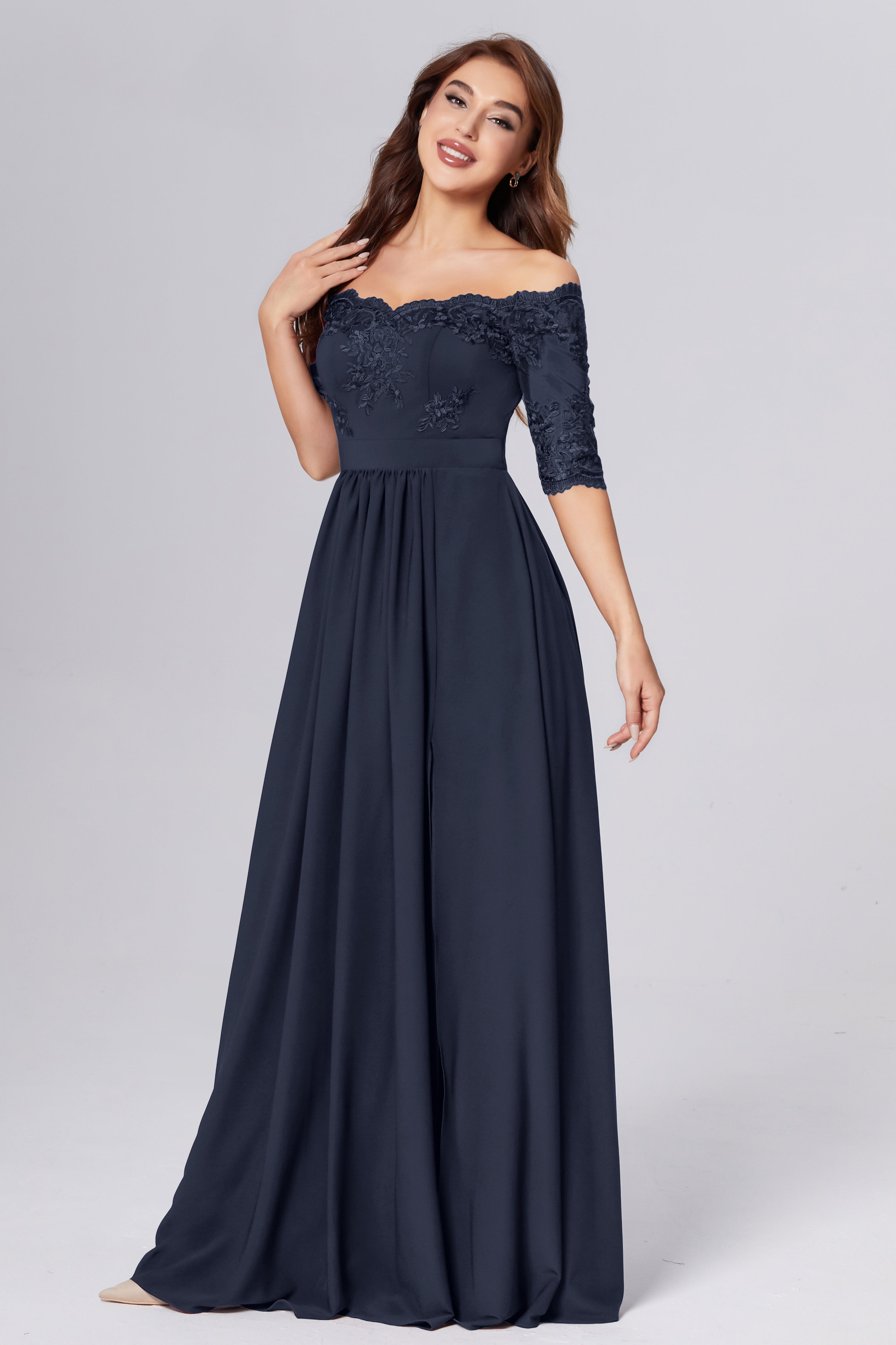 Half Sleeve Off the Shoulder Chiffon Prom Dresses