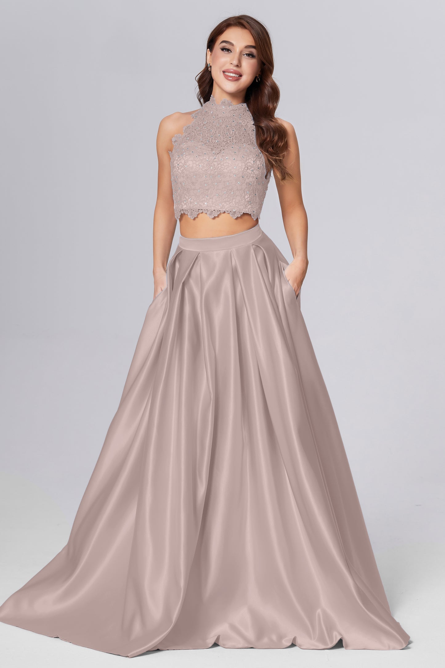 Halter 2-Piece Sleeveless Prom Dresses