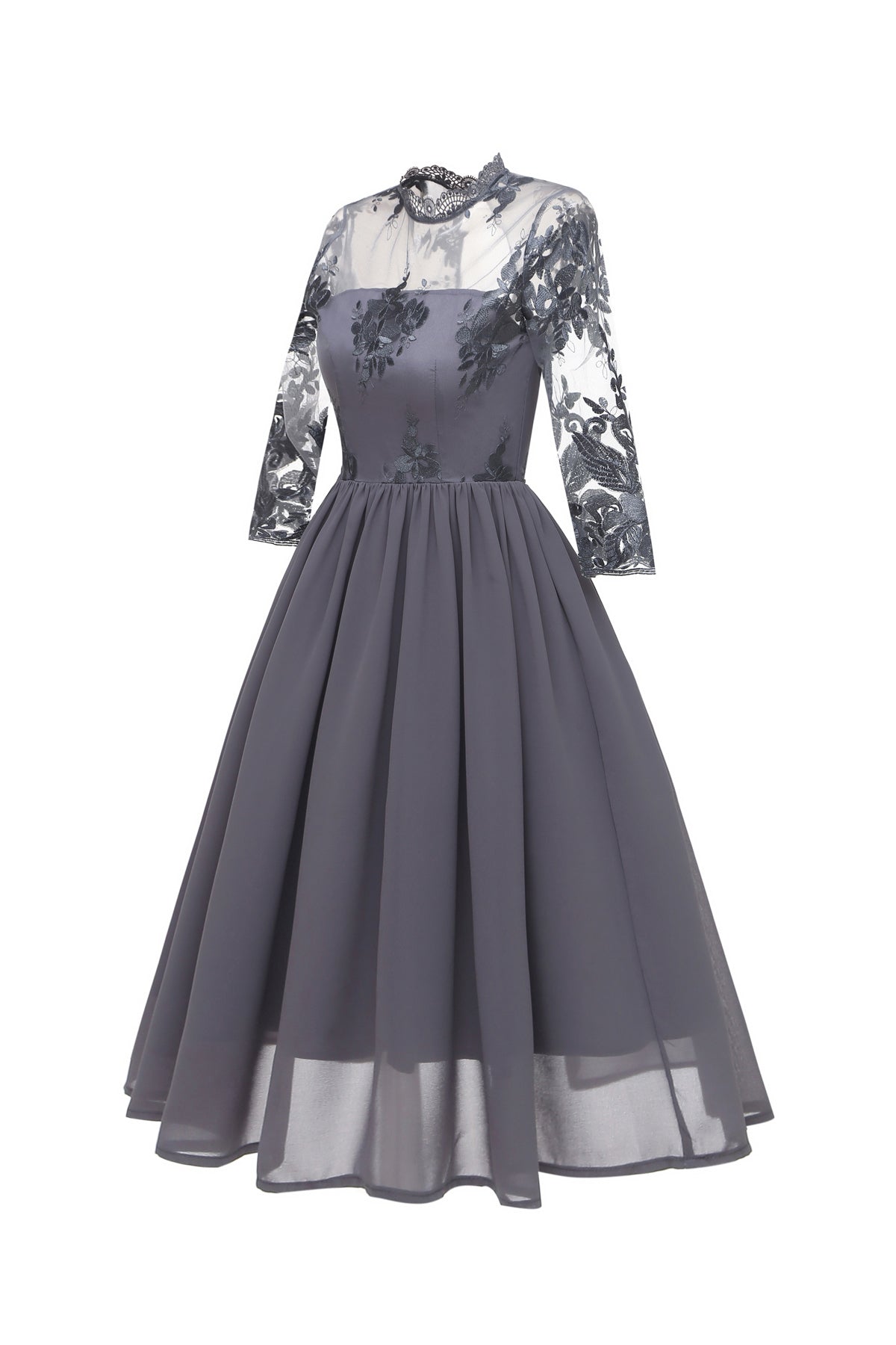 Illusion Open Back Embroidery Vintage Dresses