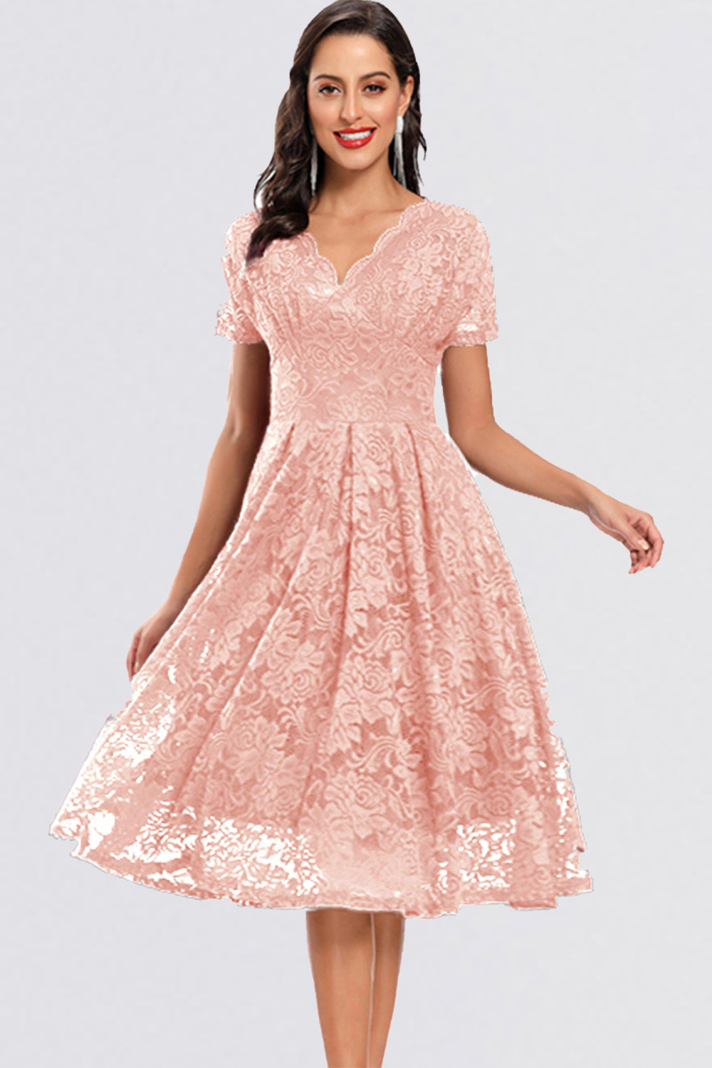 Knee Length V neck Lace Vintage Dresses