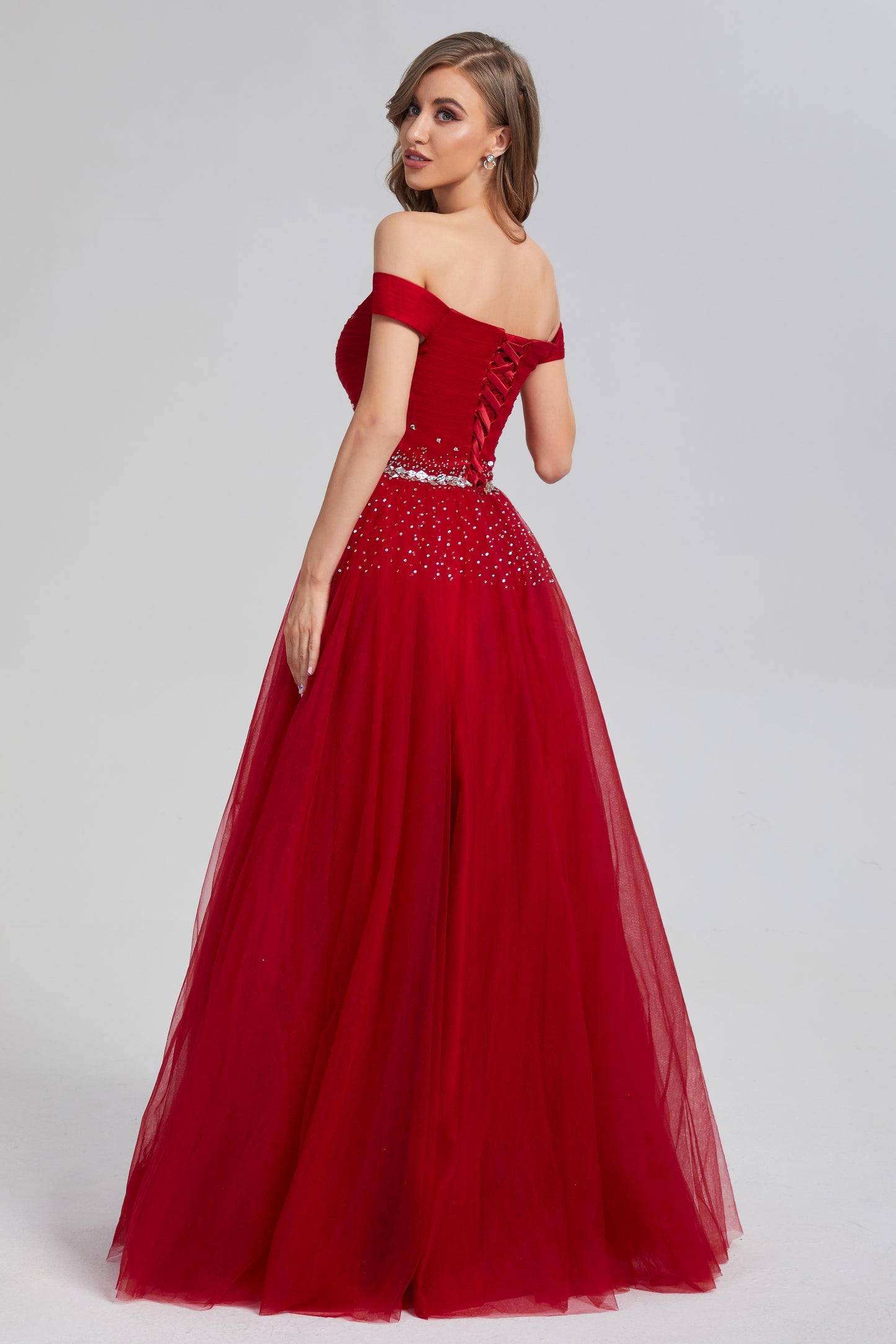 Off the Shoulder Beading Pleating Prom Dresses