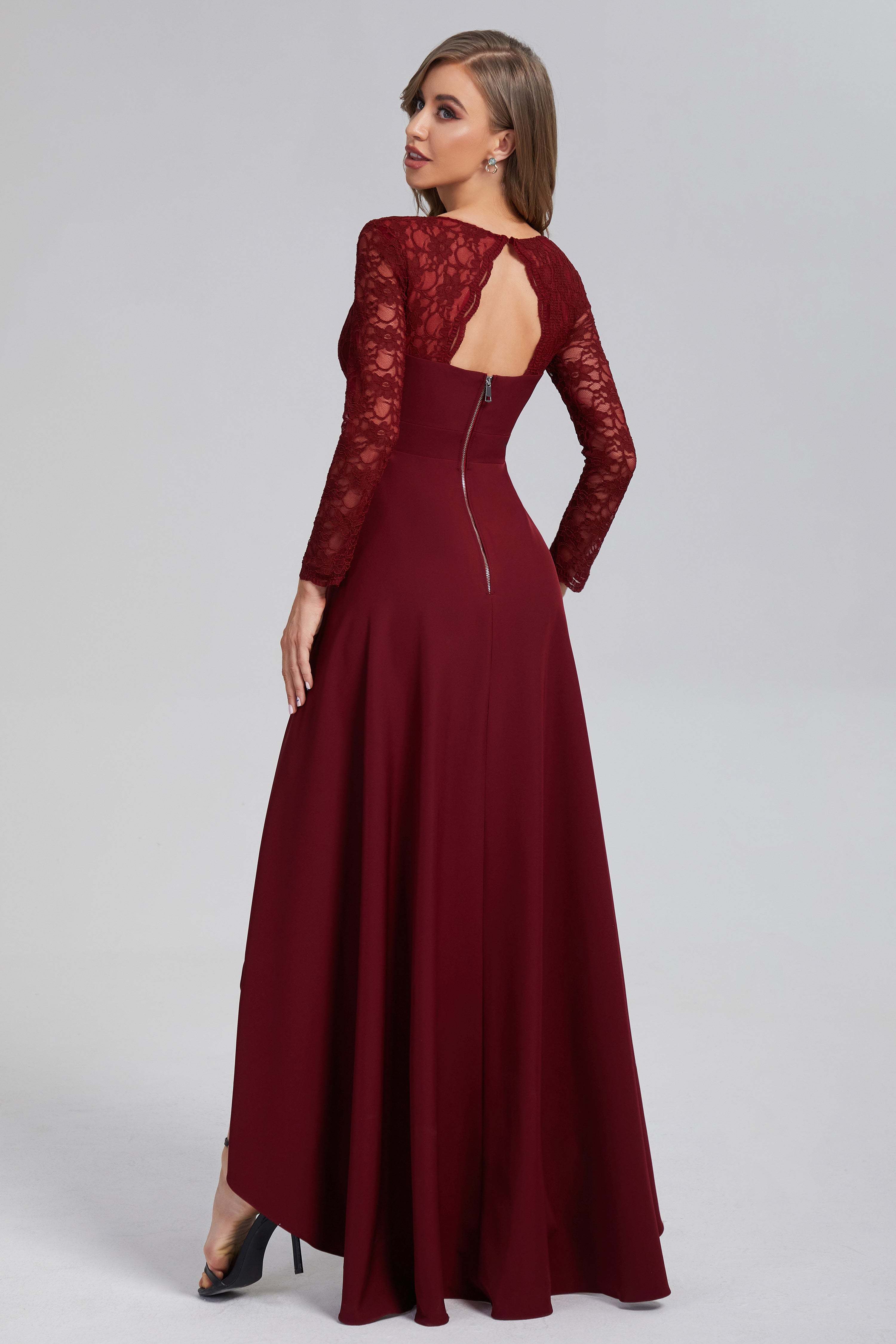 Open Back High Low Long Sleeve Prom Dresses