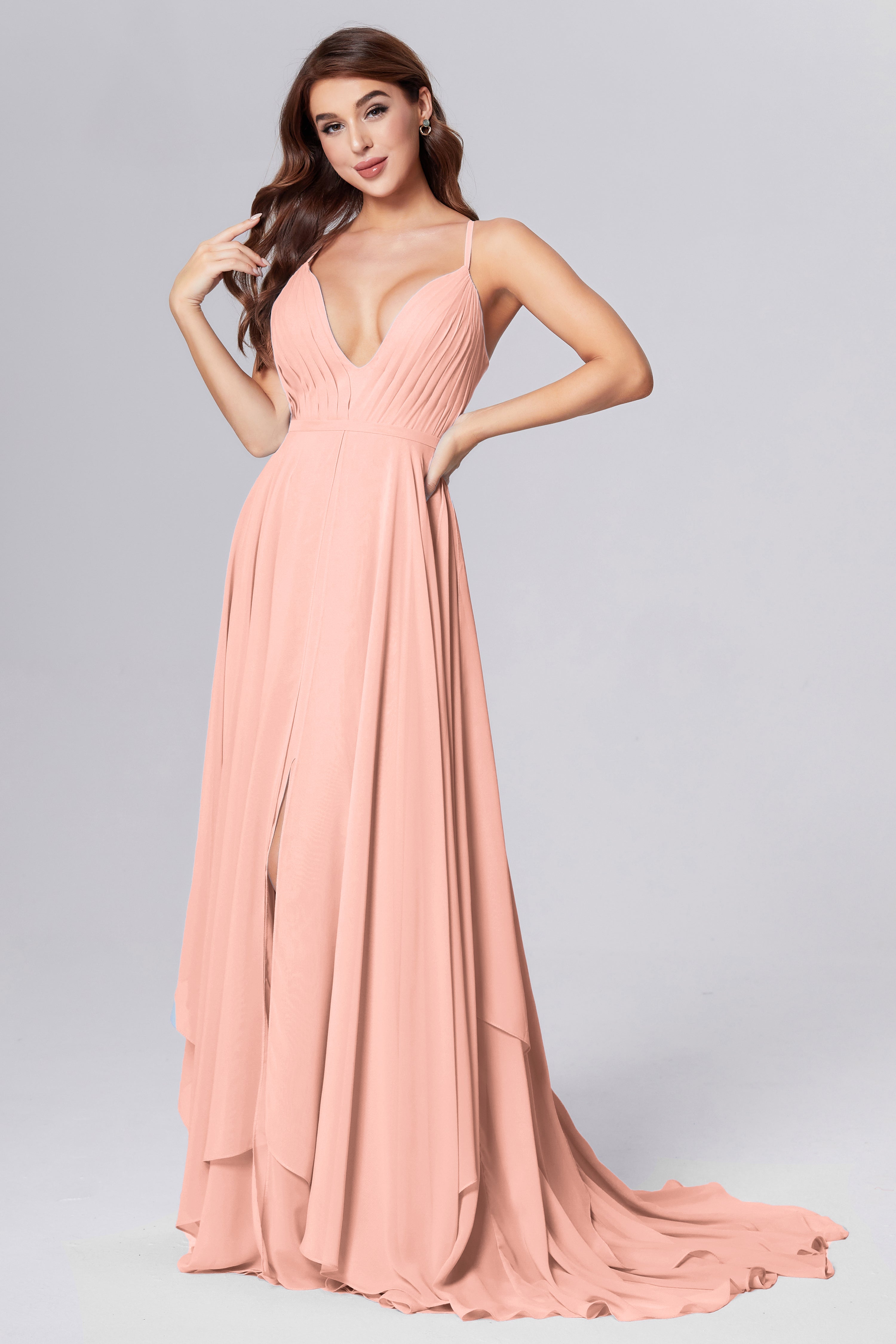 Pleating Chiffon Prom Dresses with Trailing