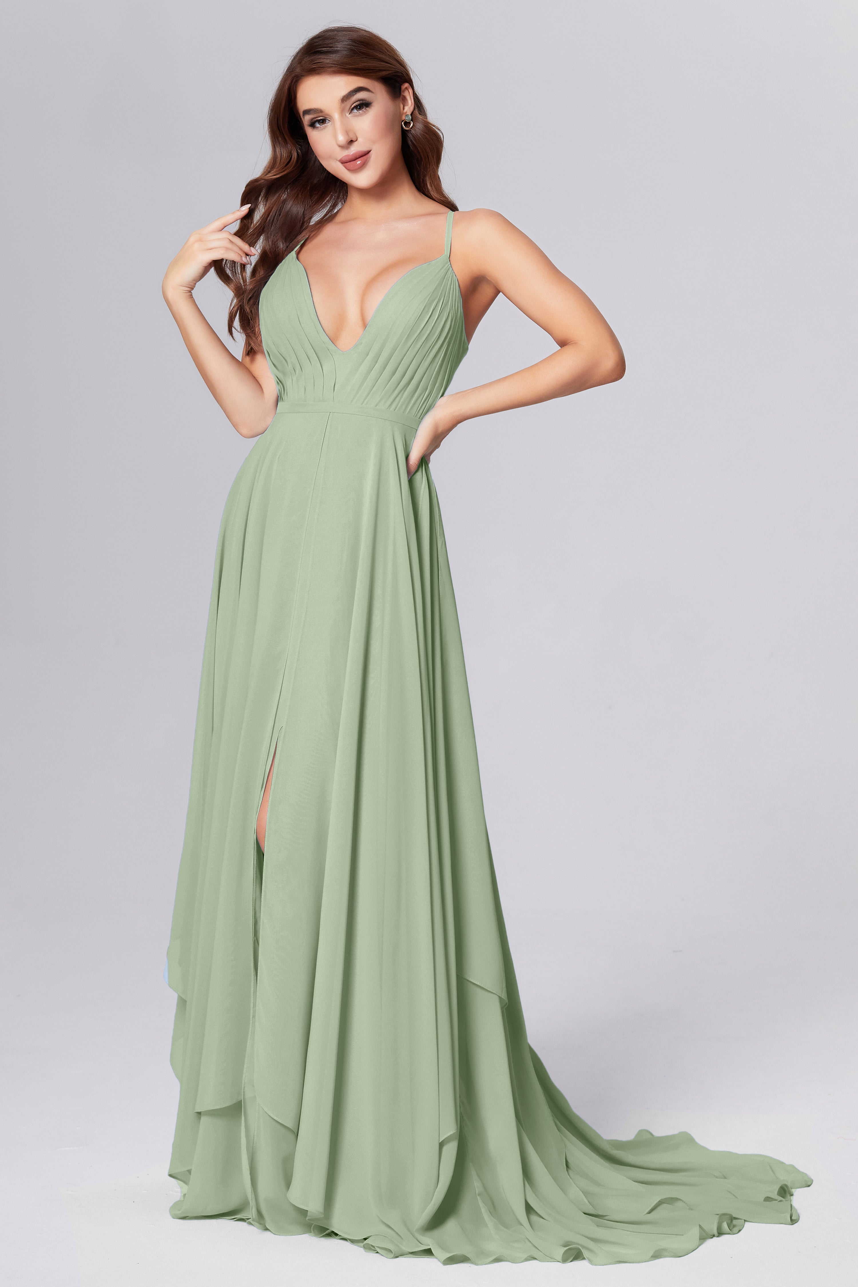 Pleating Chiffon Prom Dresses with Trailing