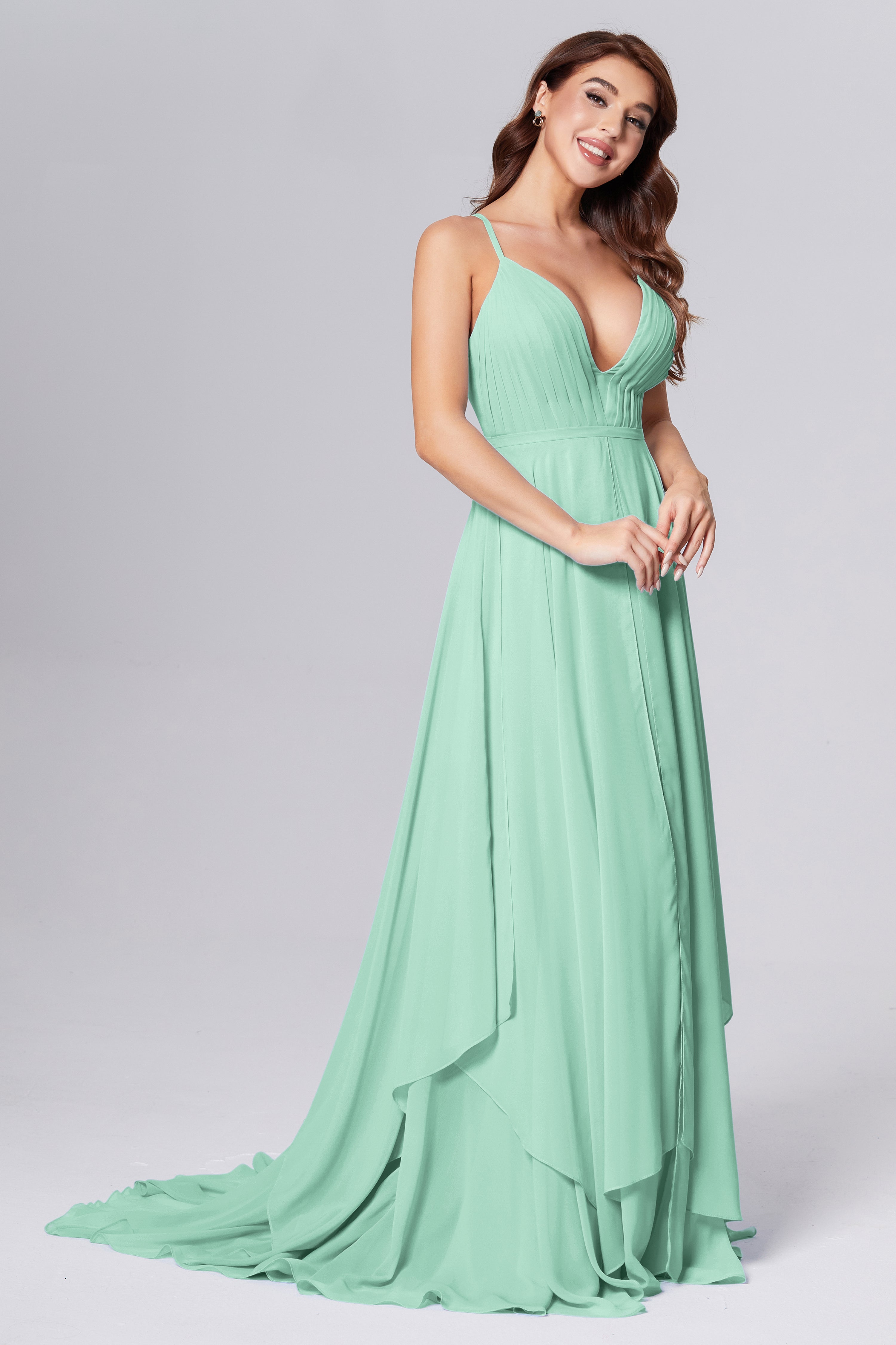 Pleating Chiffon Prom Dresses with Trailing