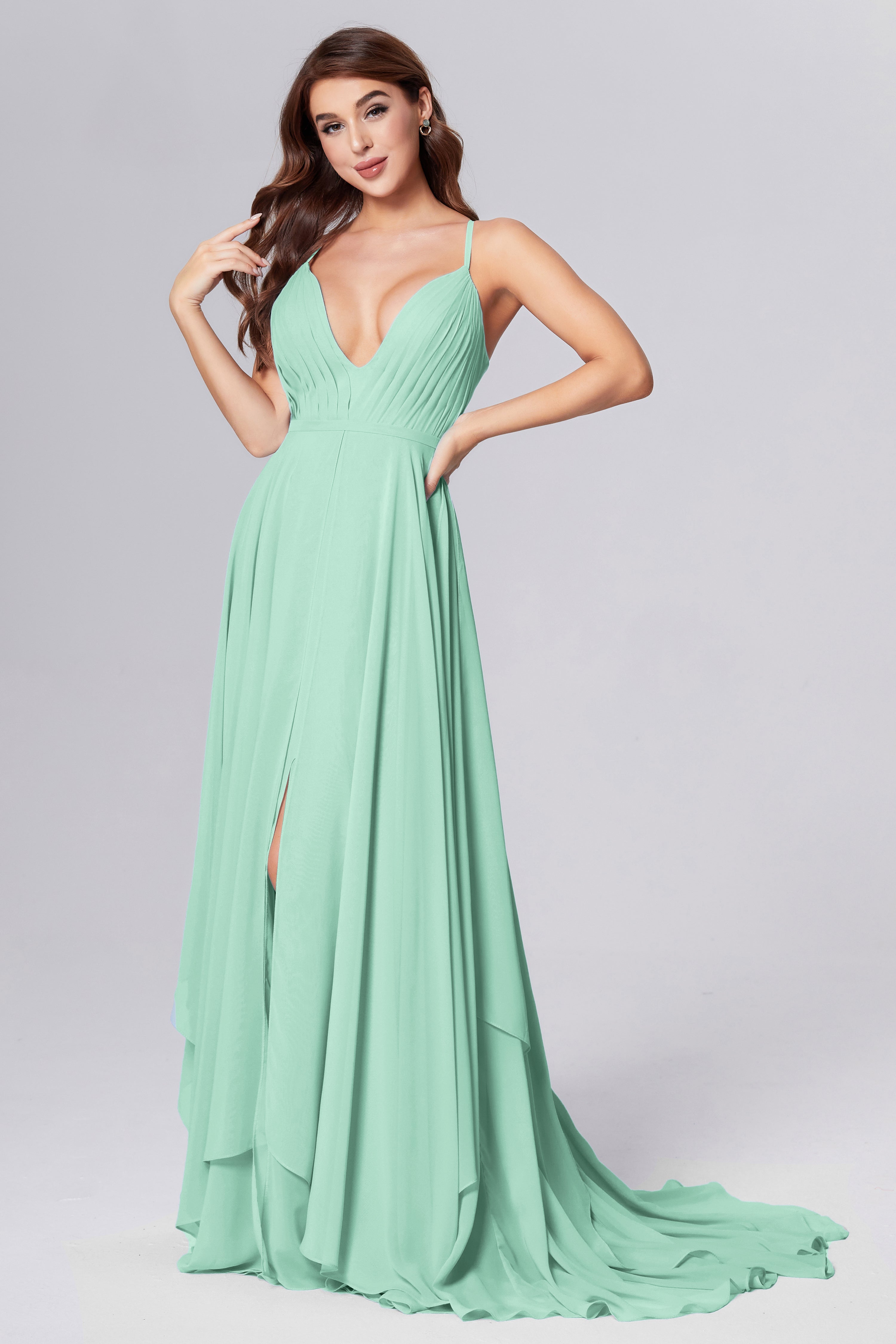 Pleating Chiffon Prom Dresses with Trailing