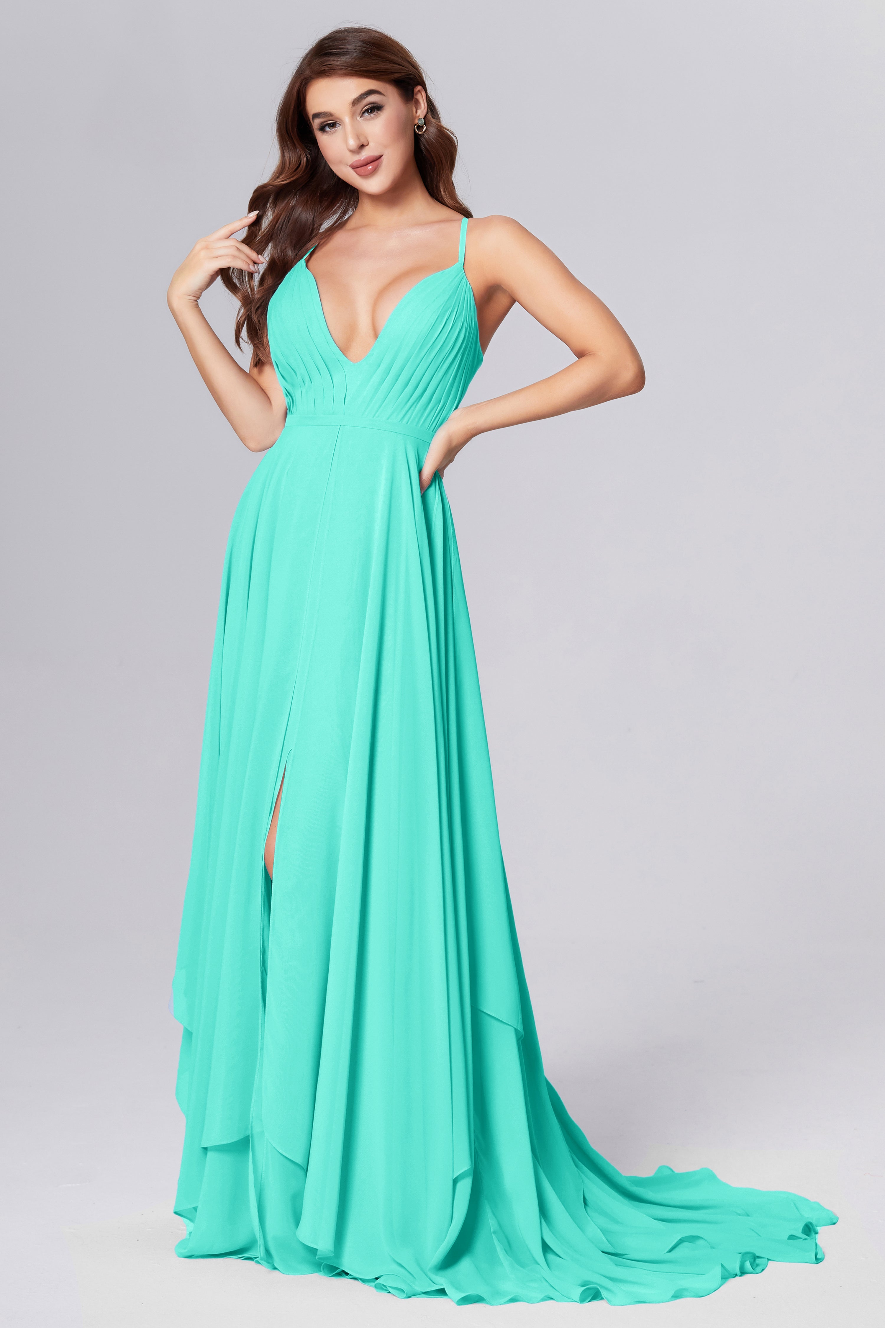 Pleating Chiffon Prom Dresses with Trailing