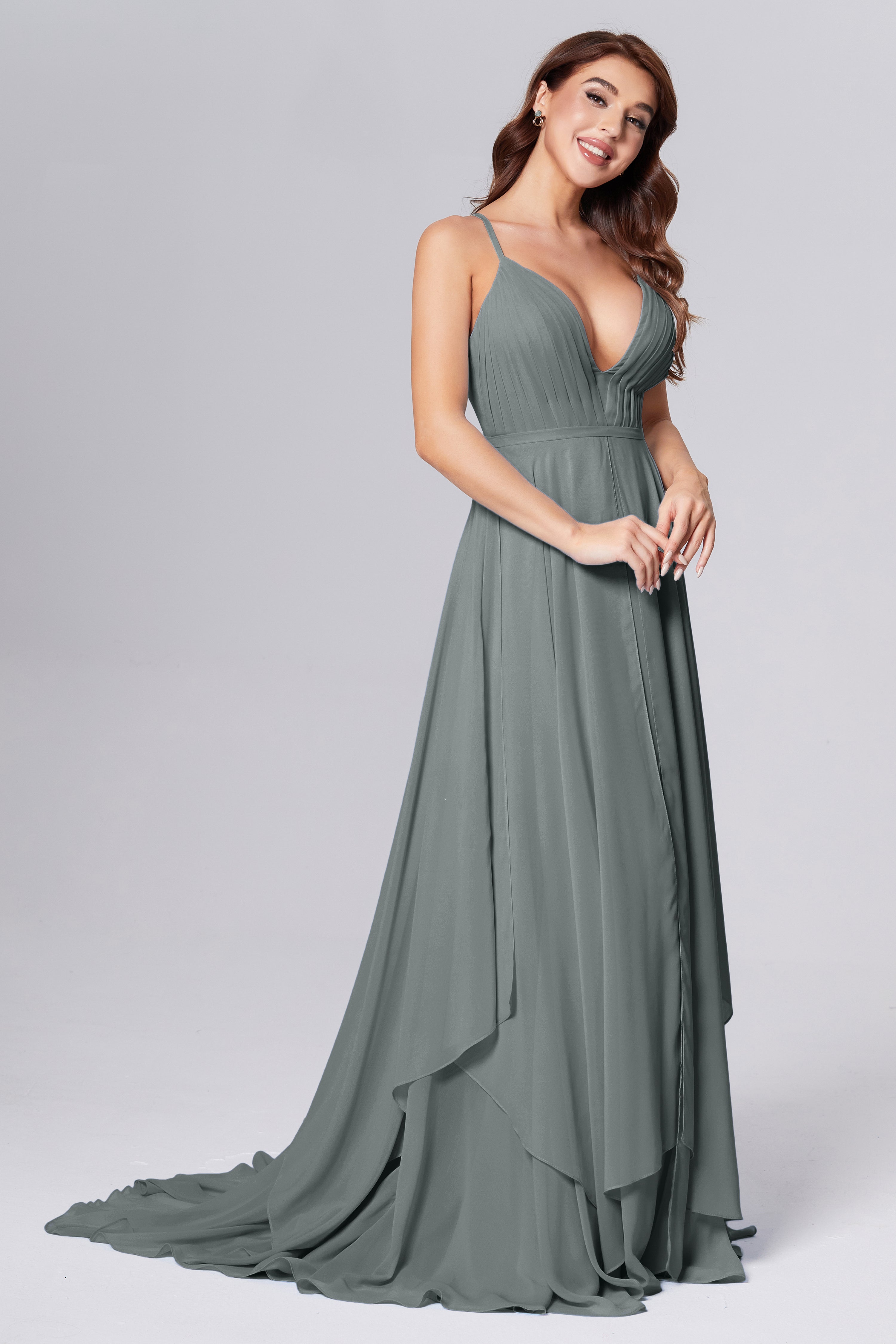 Pleating Chiffon Prom Dresses with Trailing